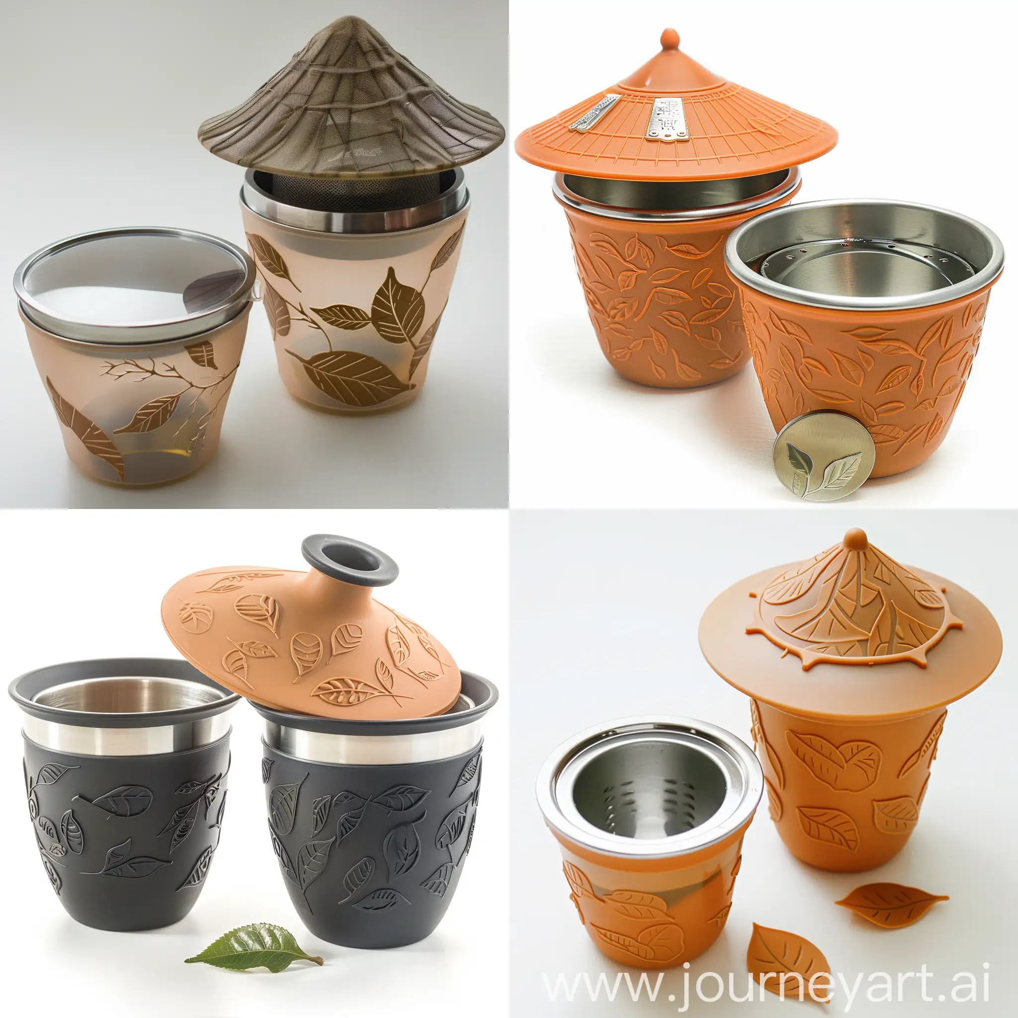 Quick Cup tea set, including two plastic cups with stainless steel inner lining, a lid shaped like a traditional Chinese hat, and the body of the Quick Cup featuring raised tea leaf patterns.