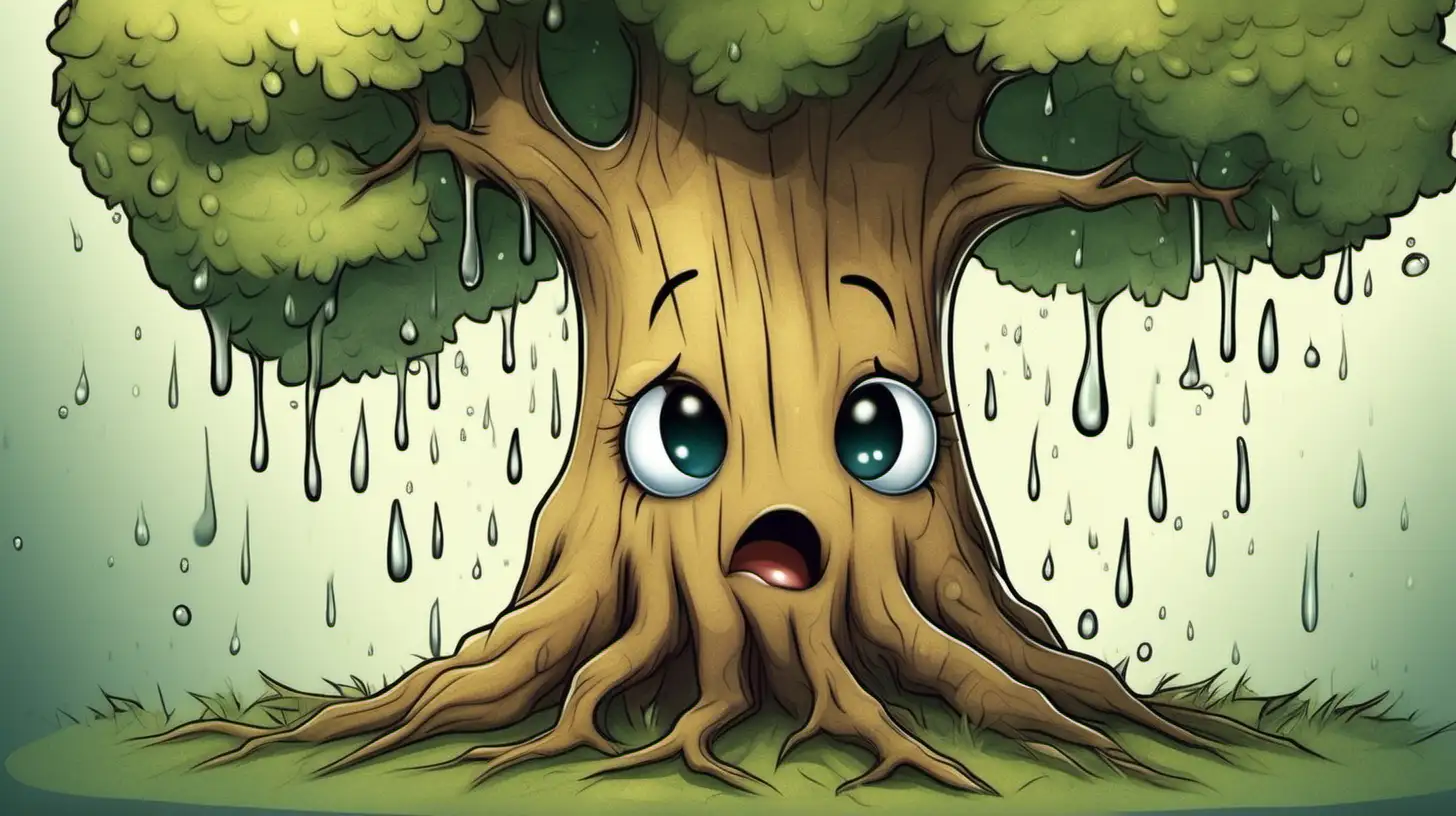 illustrate A crying cute tree wipes away its tears with its branches
