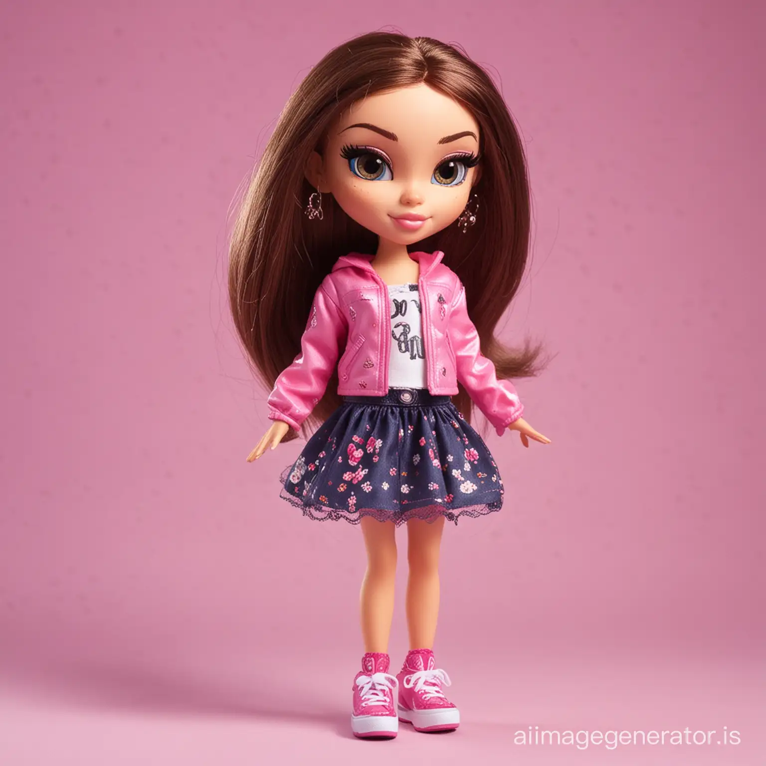 The girl in the style of bratz stands half-turned.