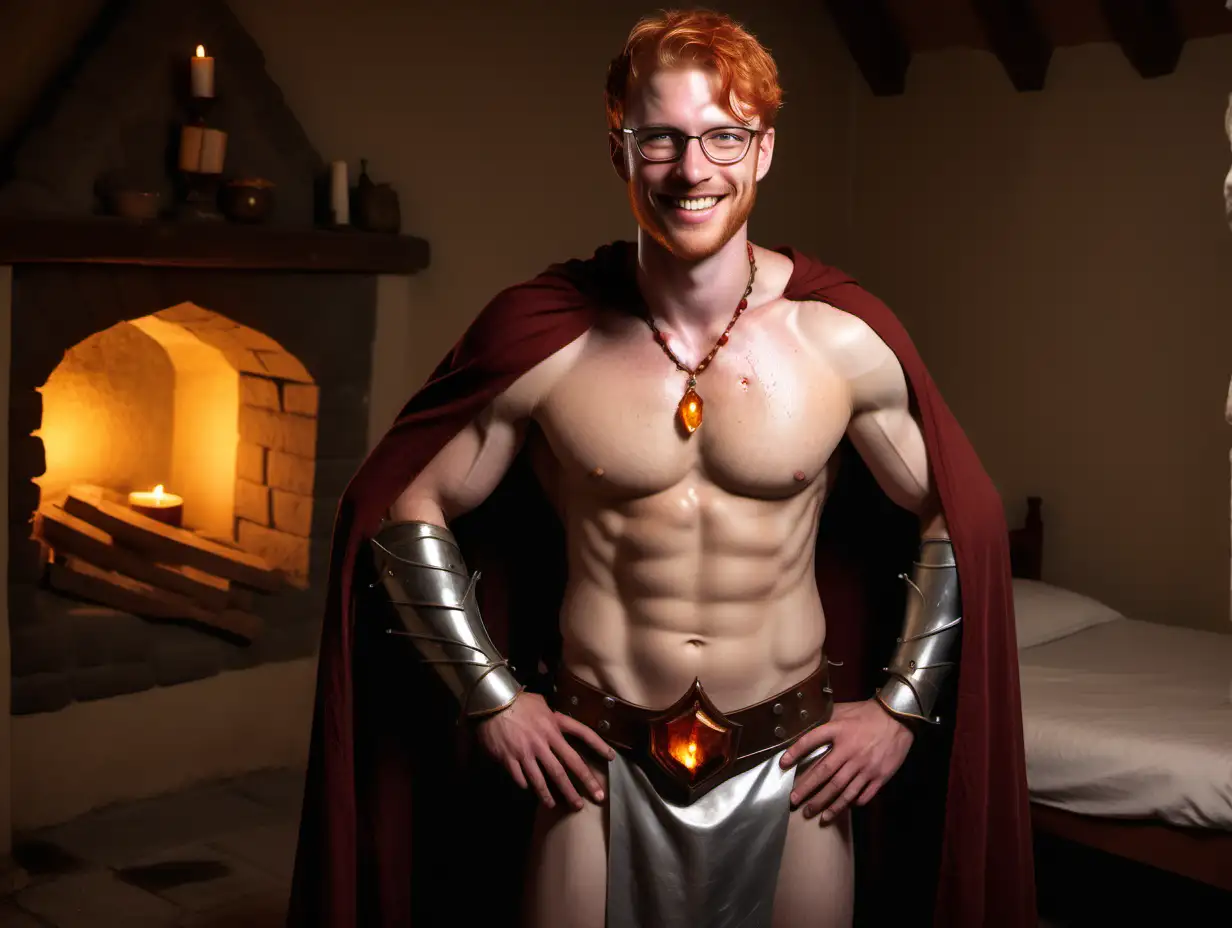A handsome redhead knight, 30 years old, stubbles, glasses, amber crystal necklace, short hair, shirtless, muscular, very sweaty, oiled up, loincloth, full body shot, smiling, torn cape, medieval bedroom,  candle stands