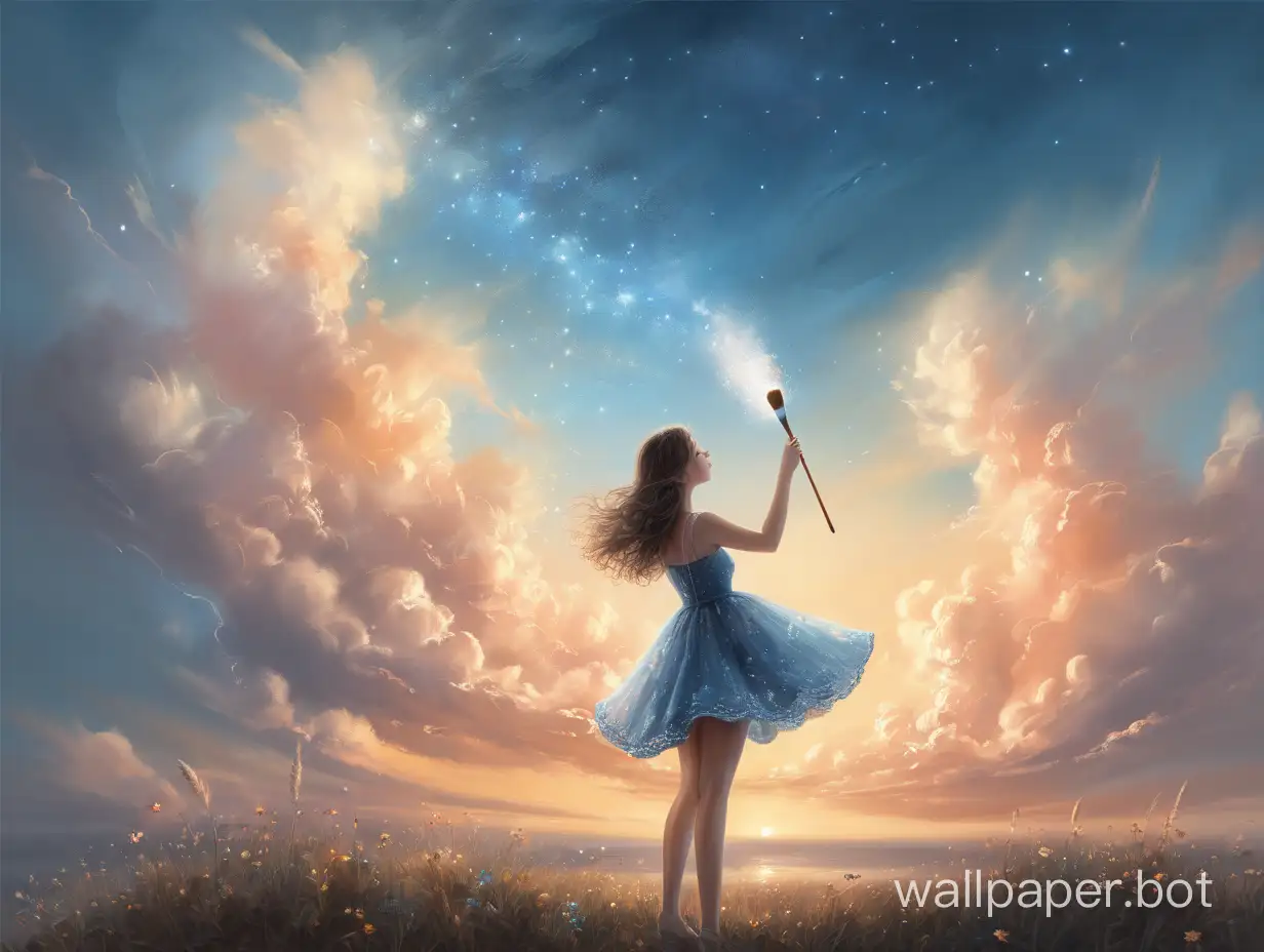 девочка в коротком платье в полный рост  разрисовывает небо волшебной кистью романтизм