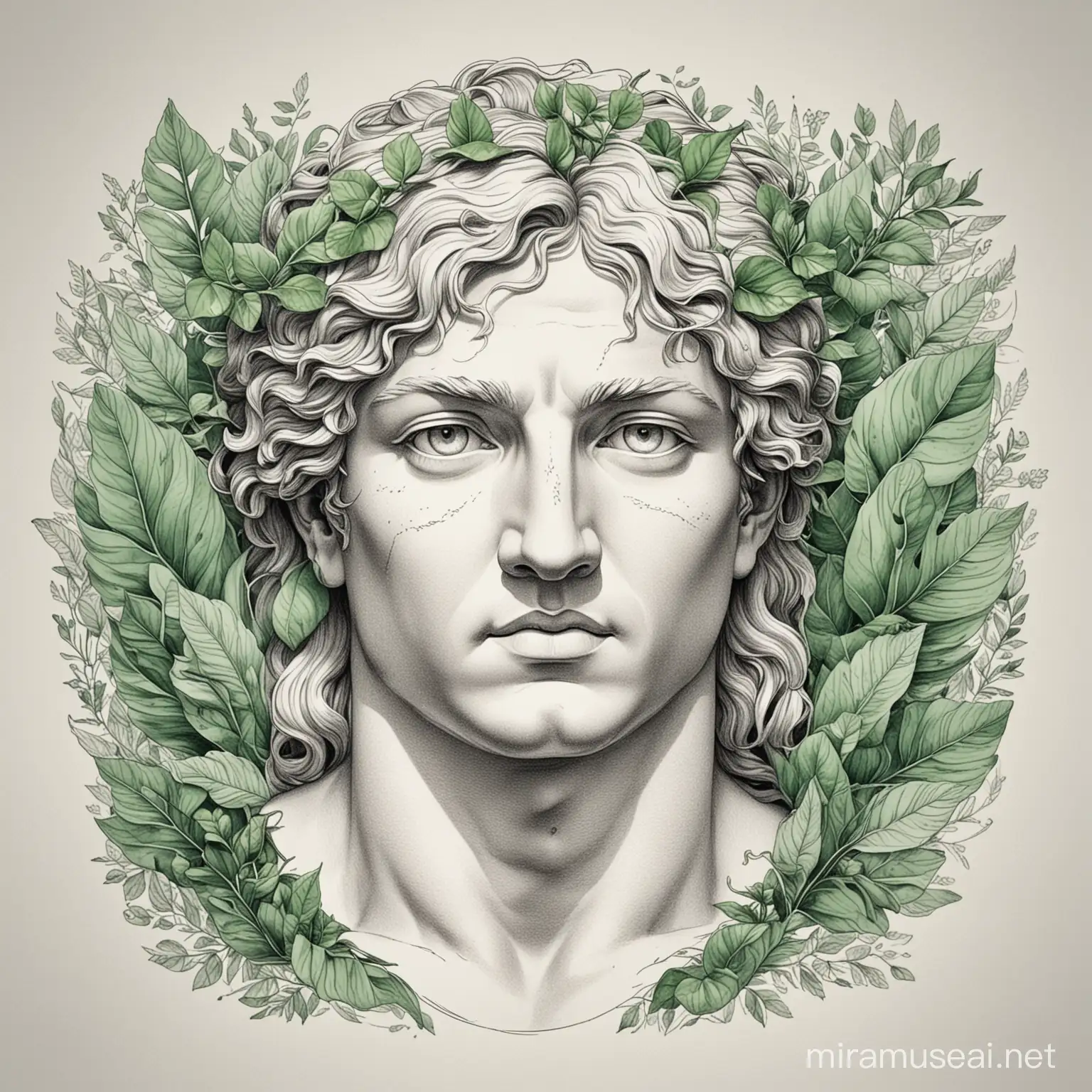 Apollon Face with Green Leaves Ethereal Line Art of Nature Deity