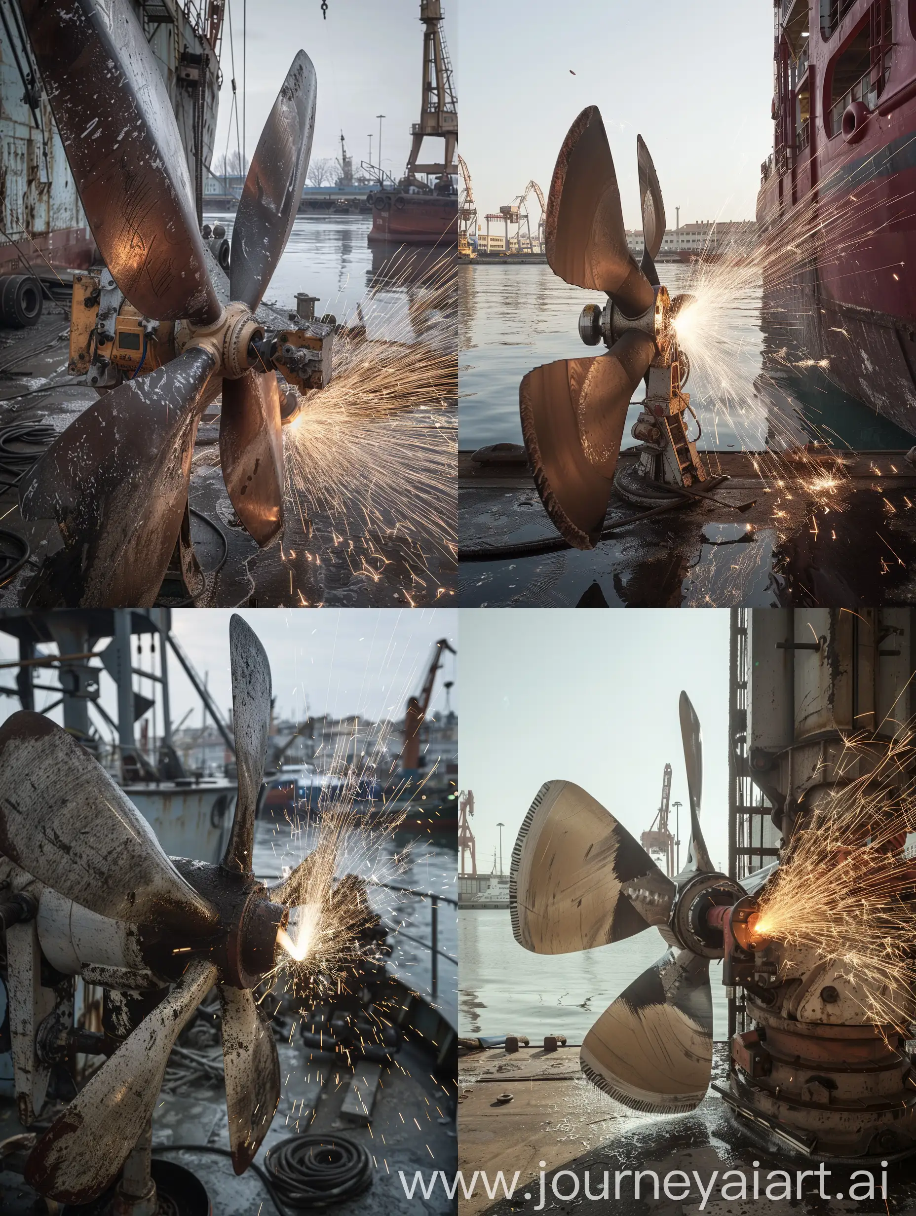 Vintage-Ship-Propeller-Polishing-with-Sparks-in-Empty-Port