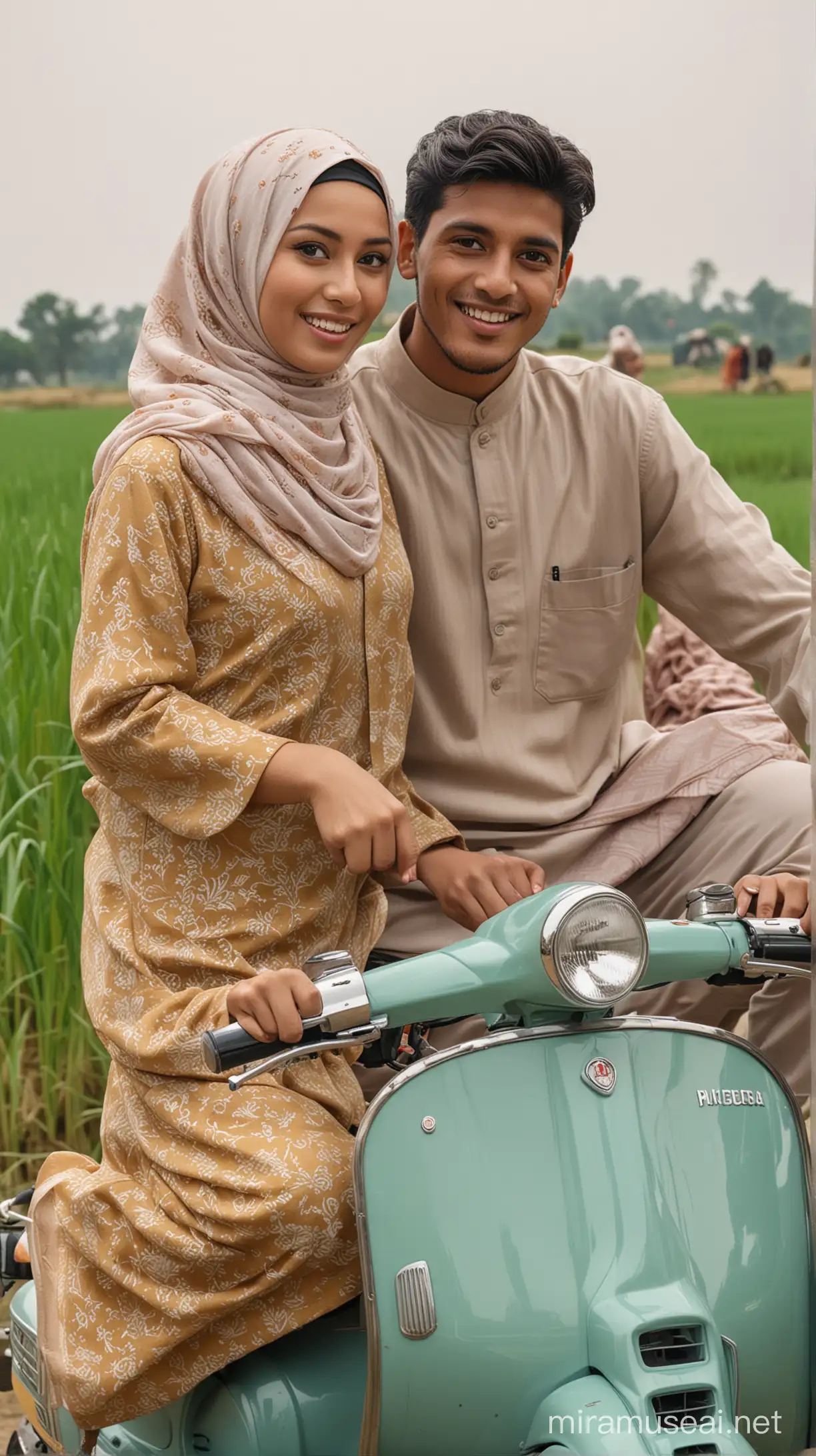 realistic, portrait pose facing the camera of a young man and young woman riding a Vespa motorbike.
both of them wear Muslim clothing, while the woman is a bit fat and wears a hijab.
rice field background.
