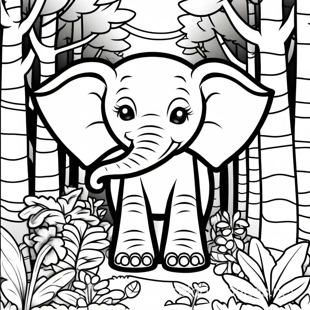 Cute silly with beautiful elephant baby in a forest, Coloring Page, black and white, line art, white background, Simplicity, Ample White Space. The background of the coloring page is plain white to make it easy for young children to color within the lines. The outlines of all the subjects are easy to distinguish, making it simple for kids to color without too much difficulty