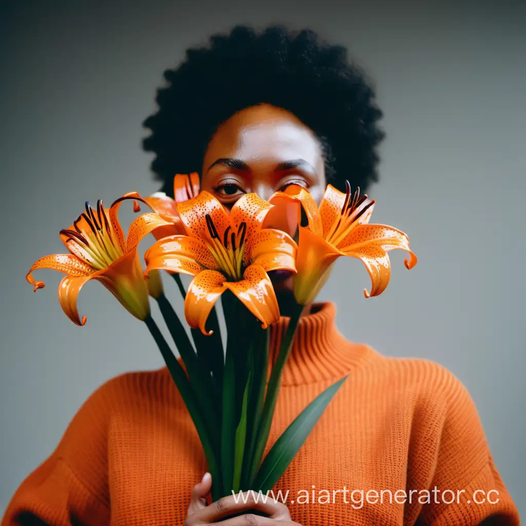 CloseUp-Analog-Style-Portrait-African-American-Woman-with-Orange-and-White-Lilies