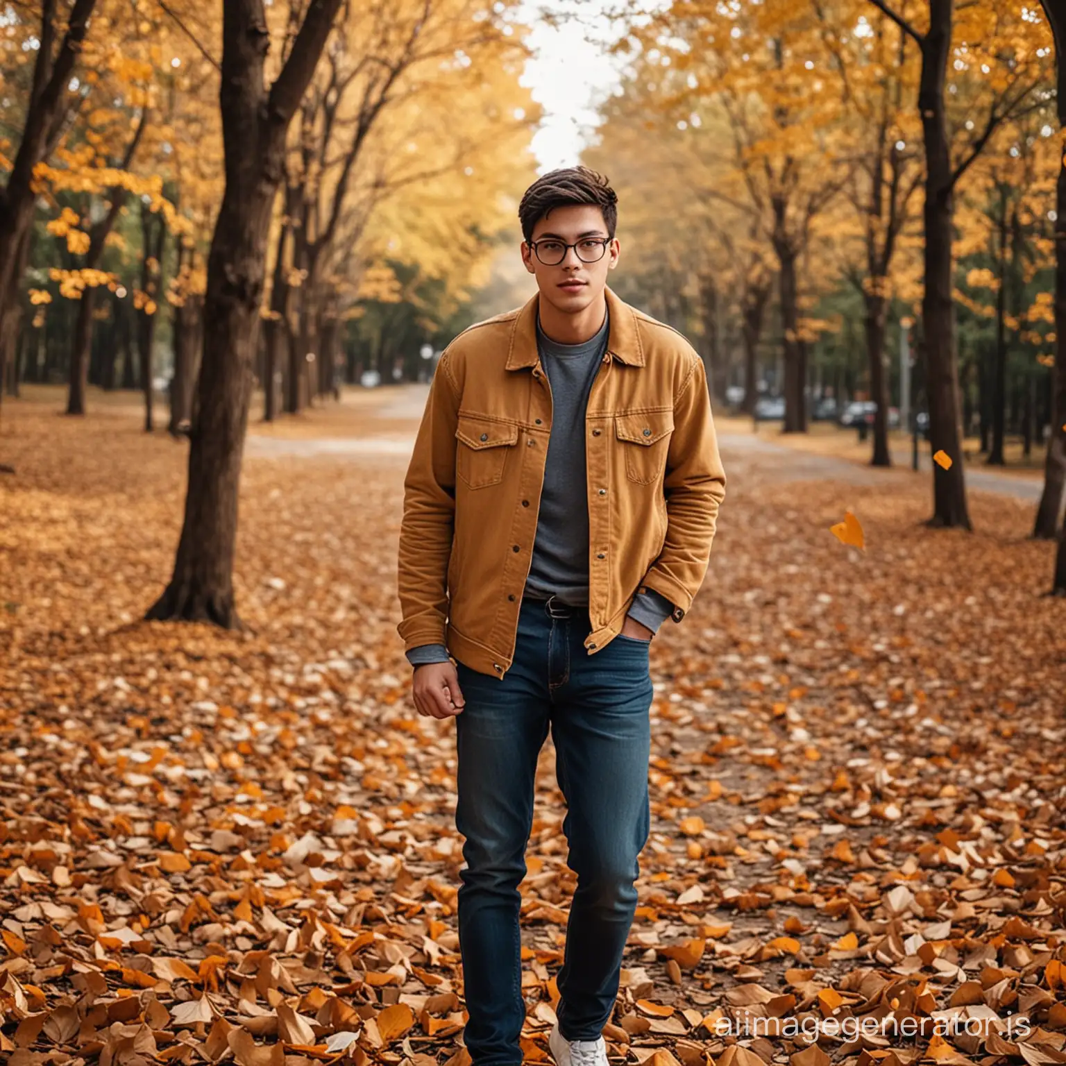 full body shoot, wide shoot, cinematic portrait of handsome 20 years old man, glasses, brown eyes, detailed face, with very short cut black hair, wearing denim jeans and white sneakers Tommy Hilfiger shoes, walking on the ground, dry elk leaves floating in the air, autumn scenery, peaceful atmosphere, warm sunlight, serene expression, joy, playful mood, golden leaves, orange and brown tones, gentle breeze, falling leaves, natural surroundings, soft grass, relaxed pose, scattered leaves around, crisp sound of leaves, vibrant colors, rustic setting, nature's beauty, quiet moment, outdoor activity, carefree youth, leafy ground, motion blur for leaves, wide-angle perspective, tranquil ambiance, childlike wonder, nostalgic feeling, enchanting scenery