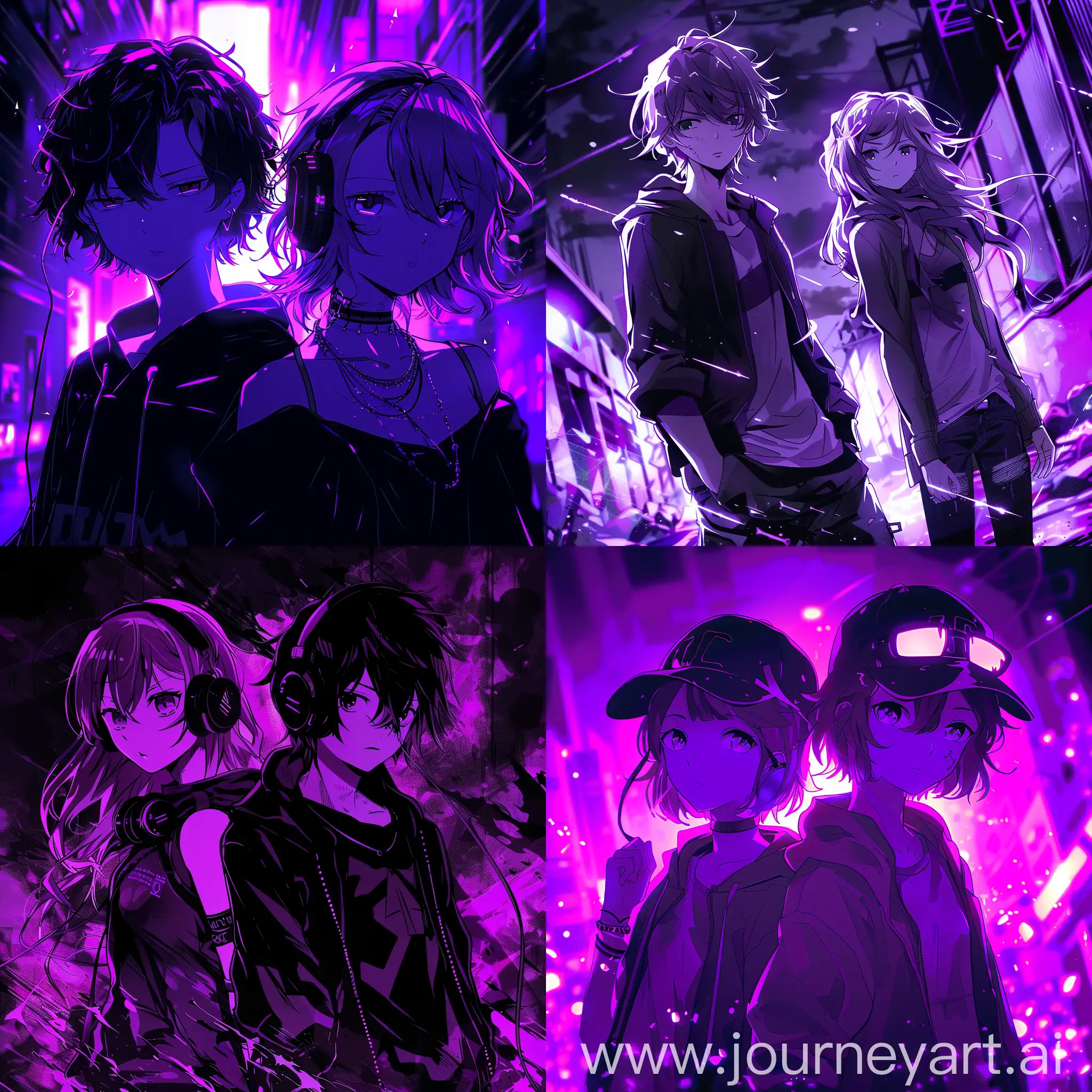 два аниме героя, мальчик и девочка  в breakcore стиле, в hd качестве, фиолетовых тонах
