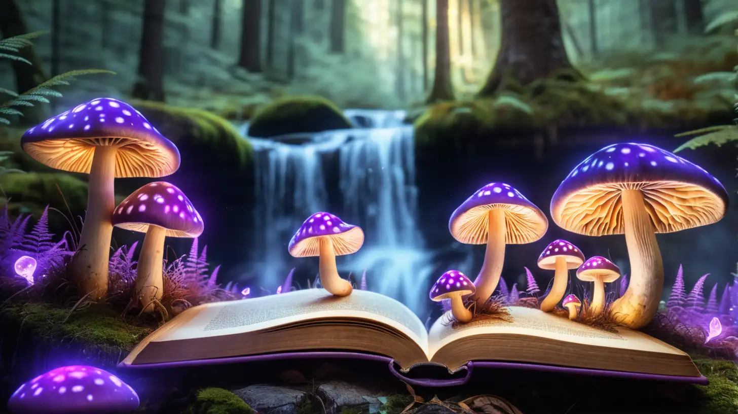 glowing mushrooms, with purple spots, mushrooms growing out of magical book in a magical forest with waterfall