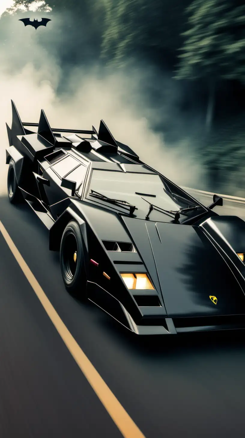 Lamborghini countach as batmobile, viewed from distace, riding at high speed, with batman logo on the side