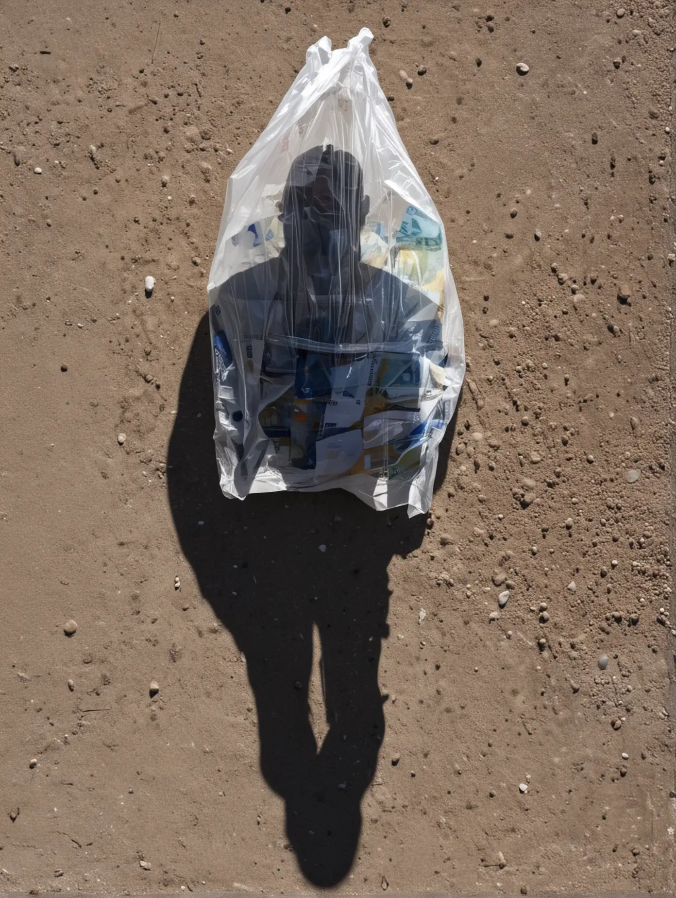 1er plan un sac plastique rempli d'euros la nuit 
2 ème plan une ombre d'une personne