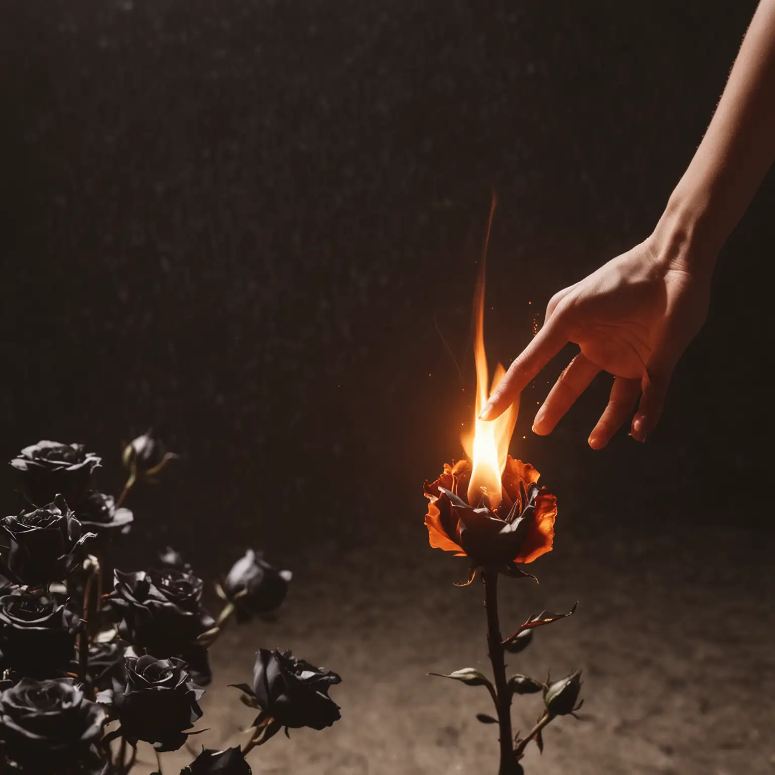 a womans hand reaching out with a flame emerging from the center. background of black roses illuminated by the light from the flame. eye level perspective. focal point is the flame