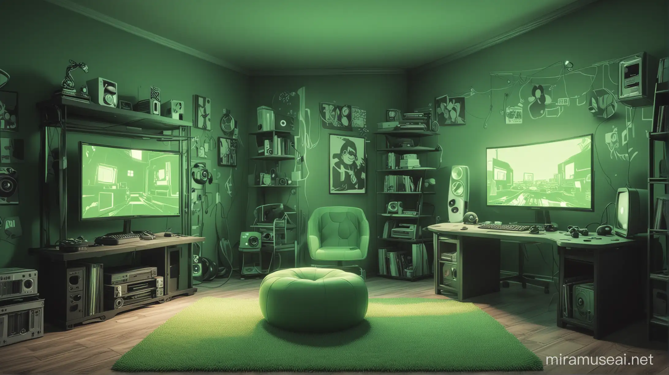 A gamer room. Style  Cartoon. Image green tone. 