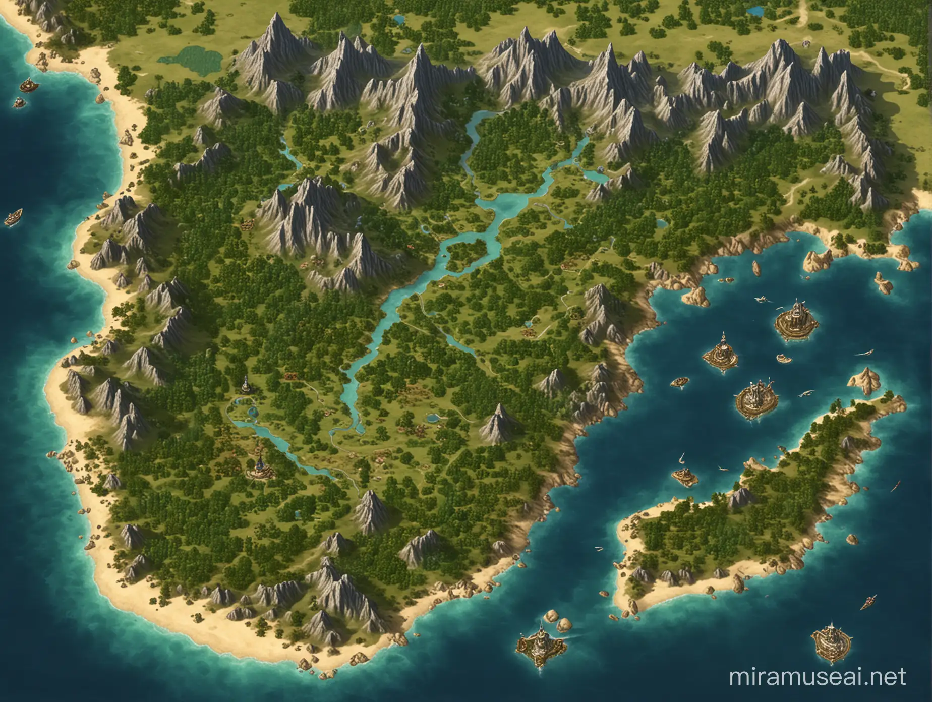 Map of an ultima online shard with oceans, mountains, forests, swamps, desert sand and islands