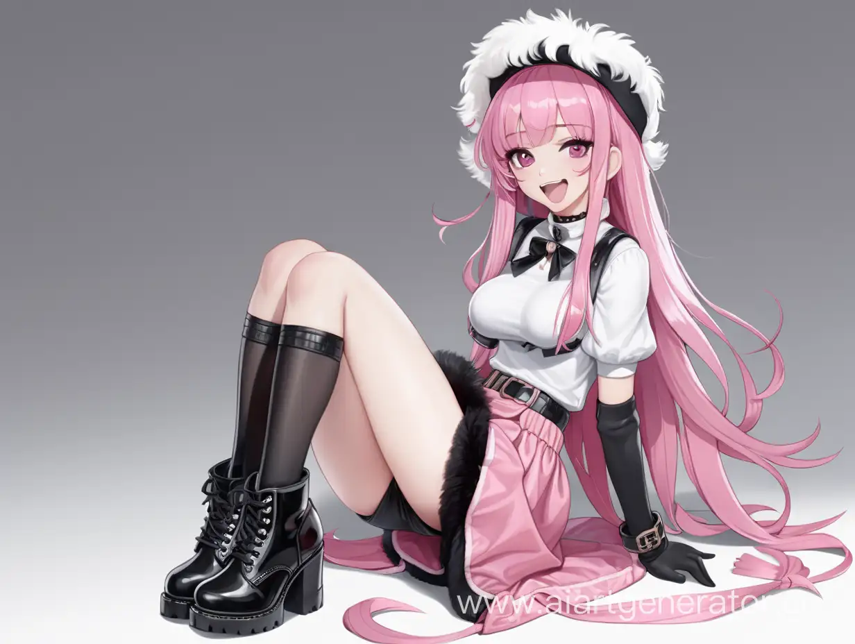 1girl, bangs, black footwear, boots, breasts, choker, full body, fur trim, hat, high heels, long hair, looking at viewer, open mouth, pink eyes, pink hair, pink skirt, skirt, smile, solo, thigh boots, thighhighs, wrist scrunchie

