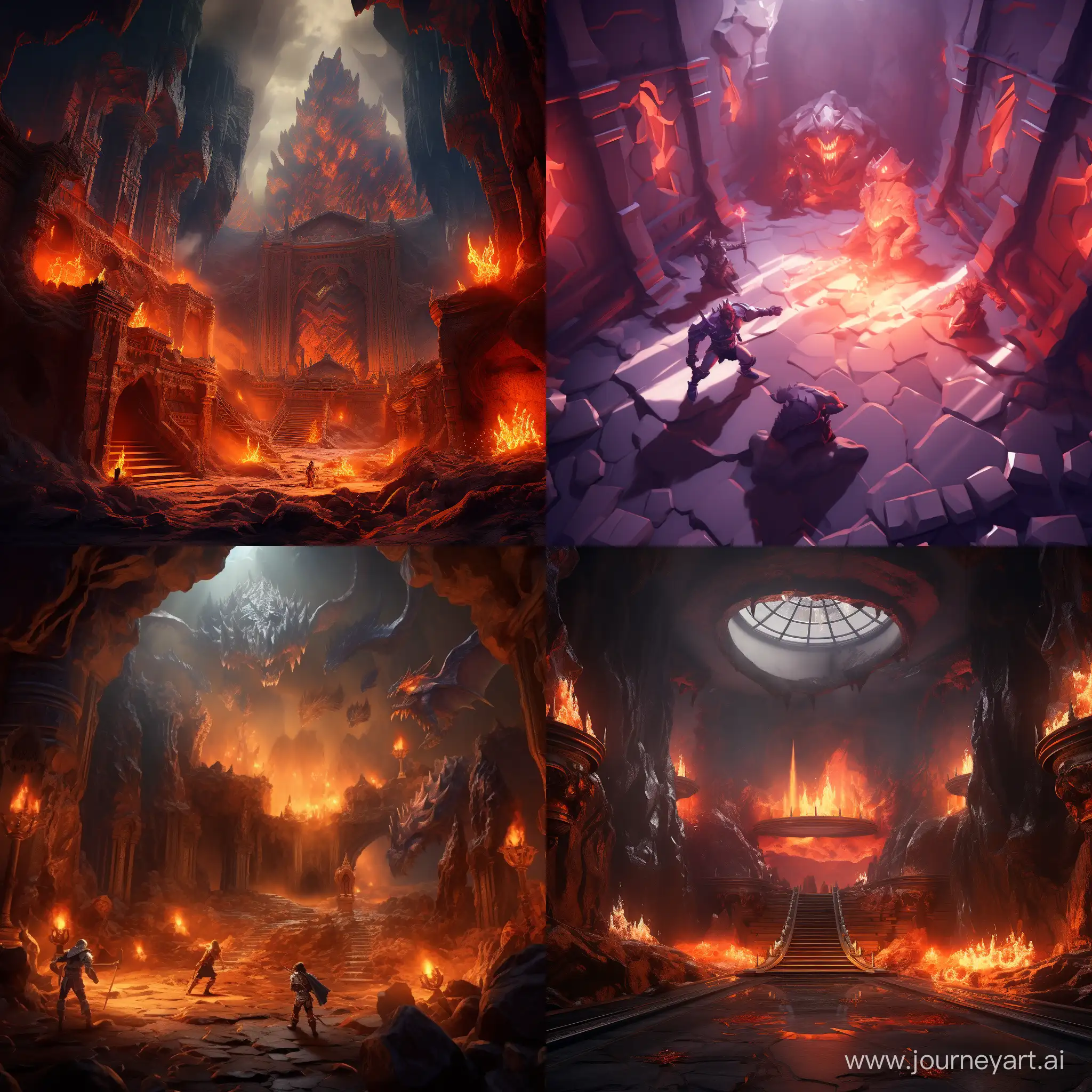  beautiful lighting, castle room, lava floor, heroes rush into battle against Descent monsters