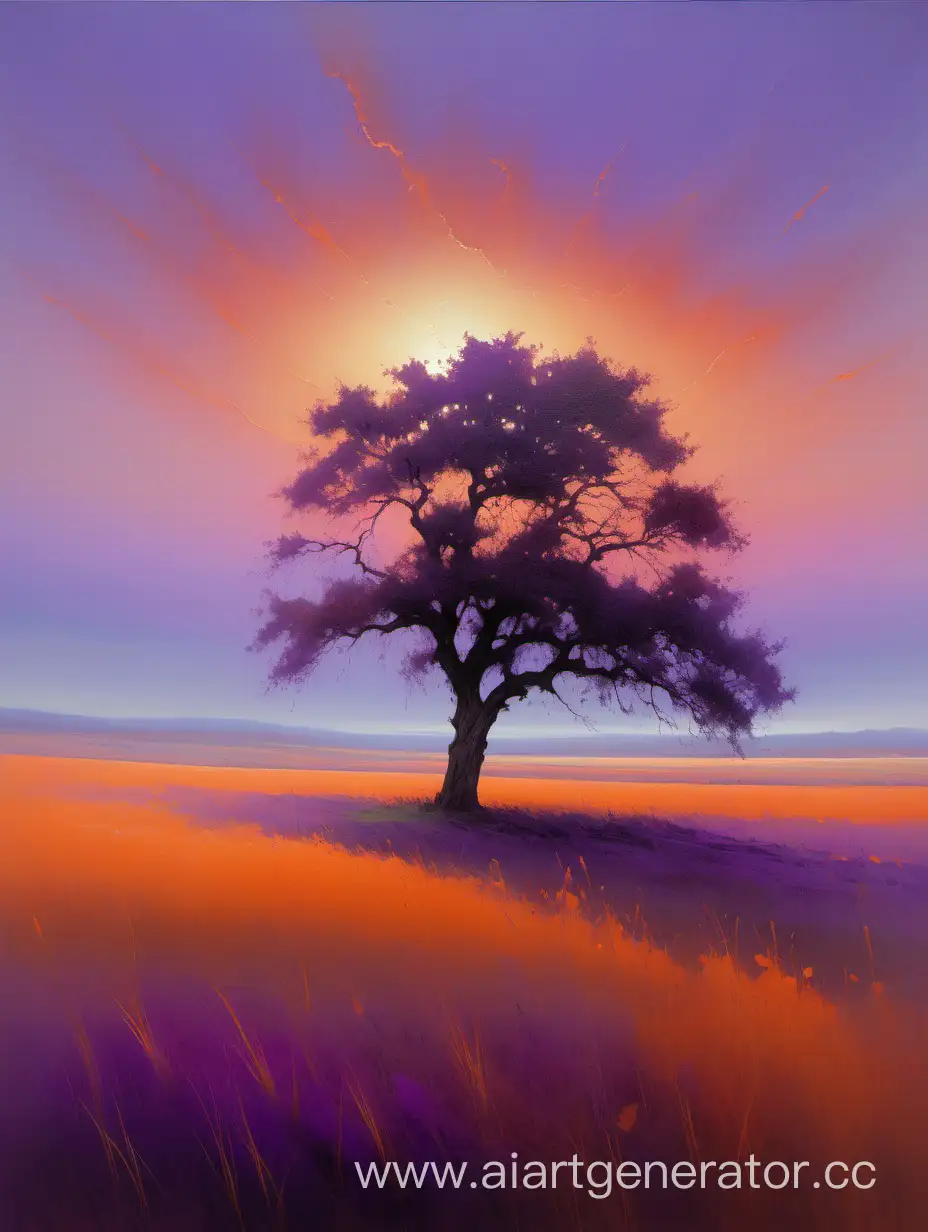 It depicts a serene landscape at dusk, with a vast open field and a lone tree towering against the fading light. The sky is painted in warm shades of orange and purple, creating a sense of calm and mystery. A light breeze rustles in the grass, and it seems that a gentle whisper comes from the wind itself.
