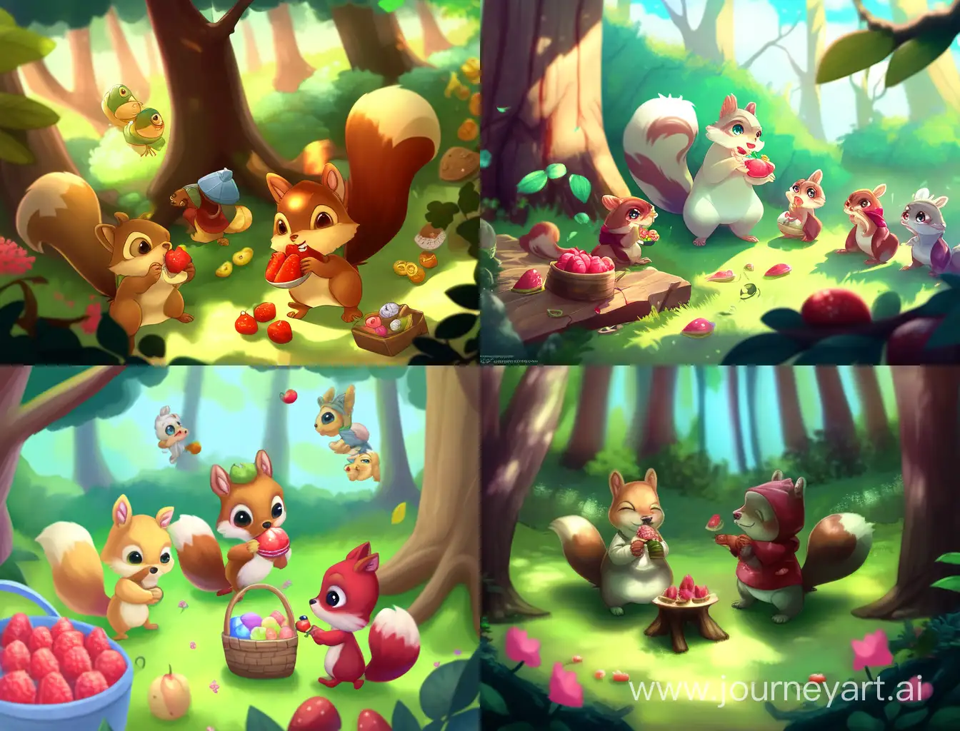 Cartoon squirrels picking strawberries in the forest