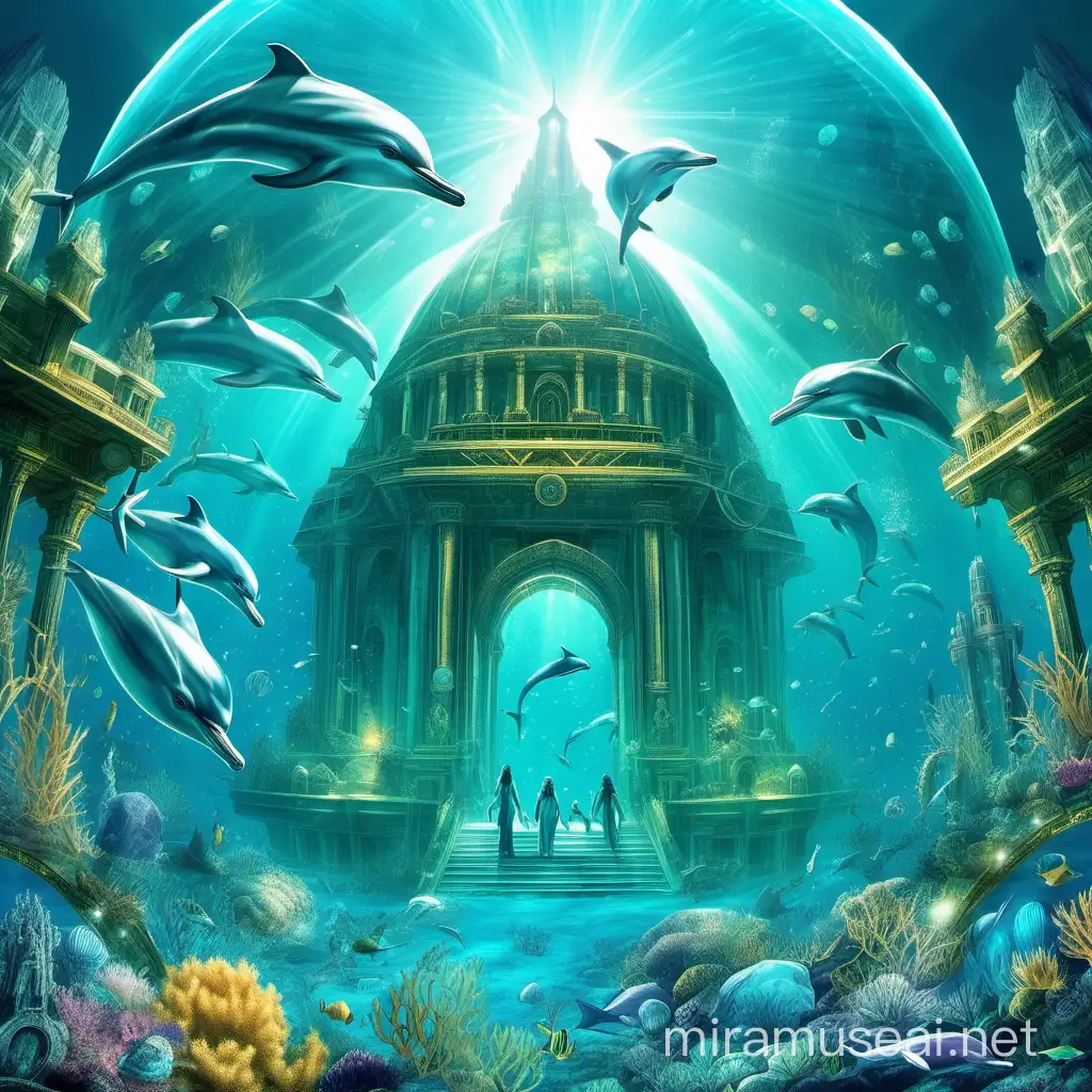 Submerged Temple with Luminous Crystals and Dolphin Guardians