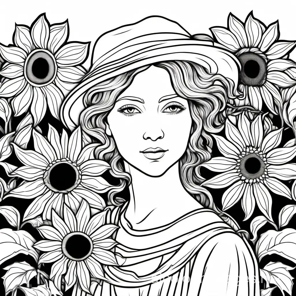 lady with many sunflowers style art nouveau, Coloring Page, black and white, line art, white background, Simplicity, Ample White Space. The background of the coloring page is plain white to make it easy for young children to color within the lines. The outlines of all the subjects are easy to distinguish, making it simple for kids to color without too much difficulty