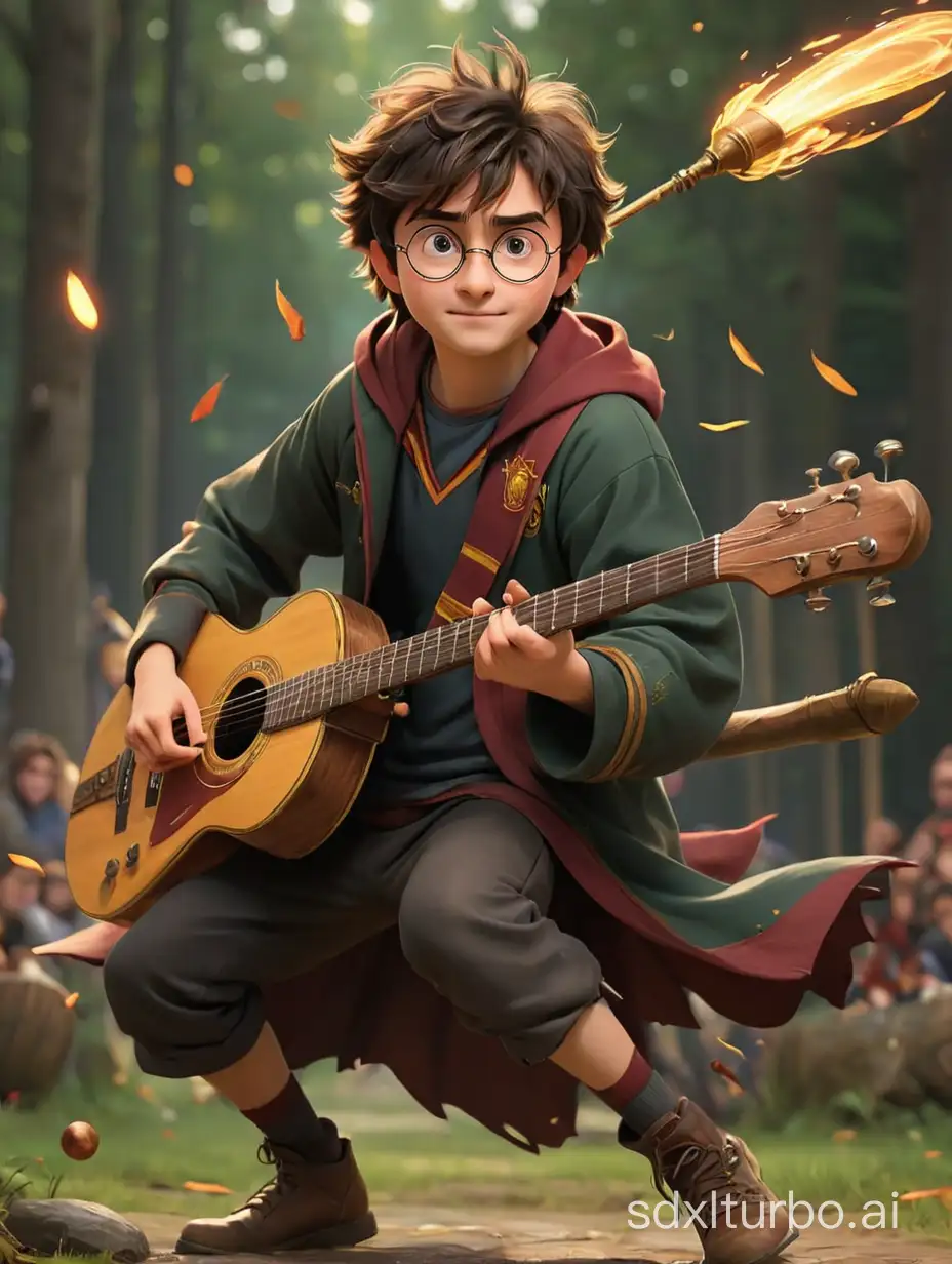 Harry potter playing Quidditch on a guitar instead of on a broom