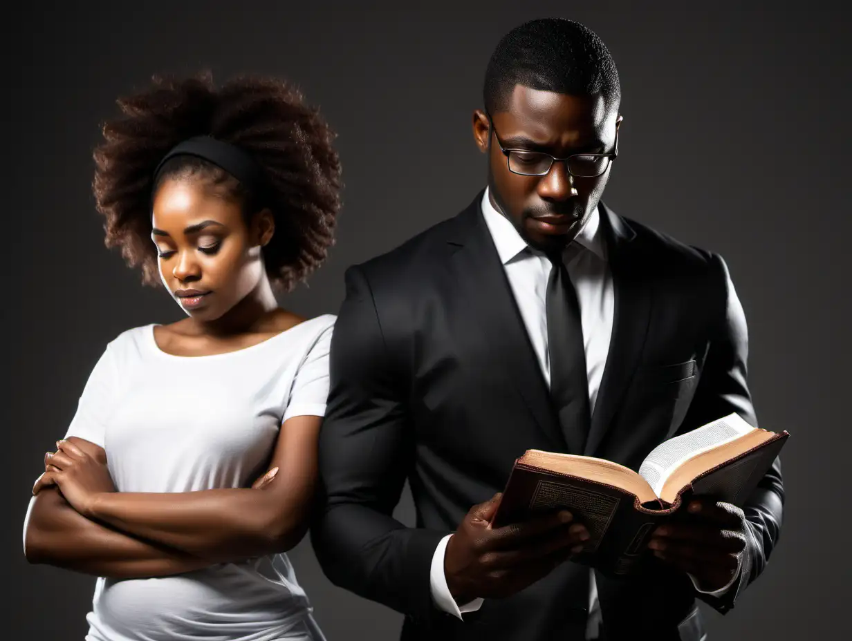 Devoted Black Man Reading Bible with Distant Black Woman
