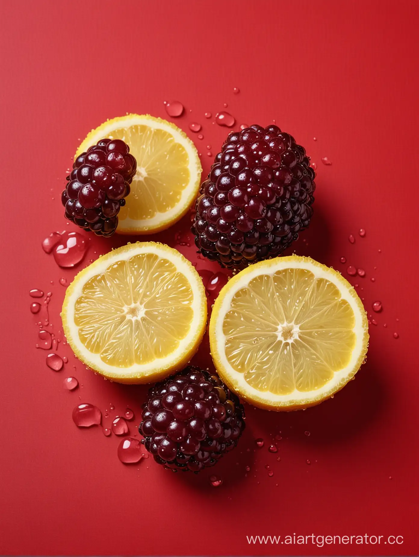 Boysenberry-and-Lemon-Slices-Water-Drop-on-Red-Background