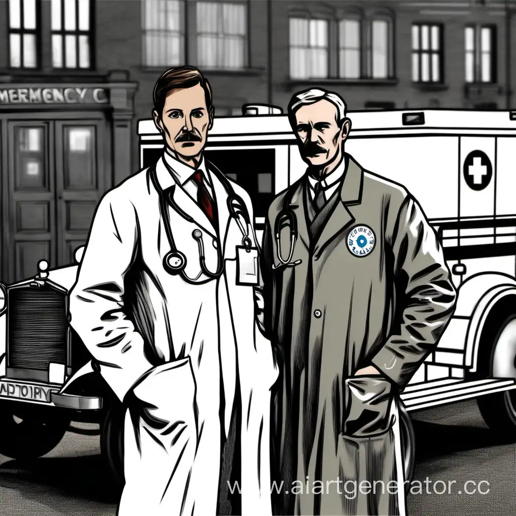 нарисуй врача скорой помощи 100 лет назад и врача скорой помощи современного стоящими рядом друг с другом на фоне машин скорой помощи
