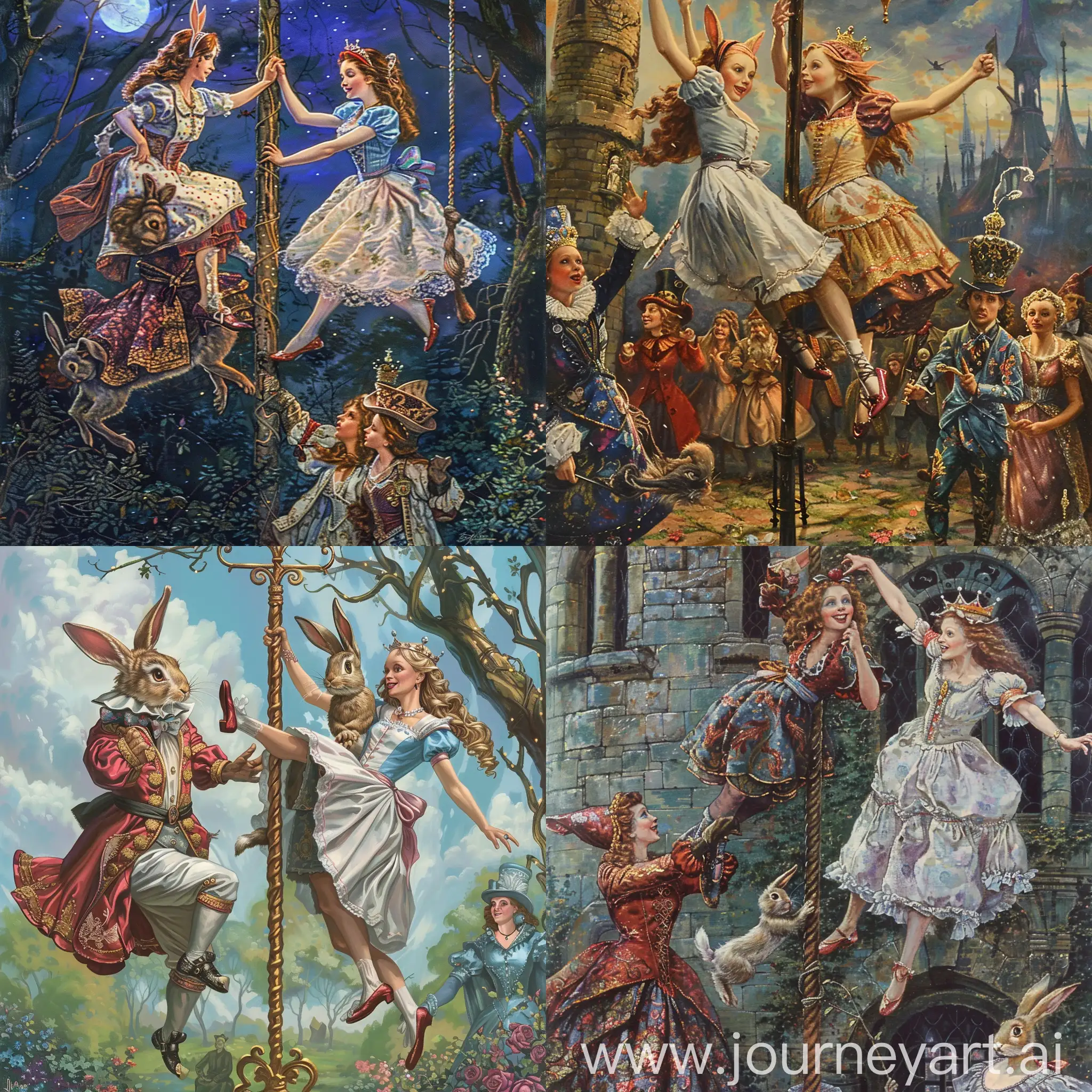 alice in the wonderland dancing on a pole with a rabbit and the queen