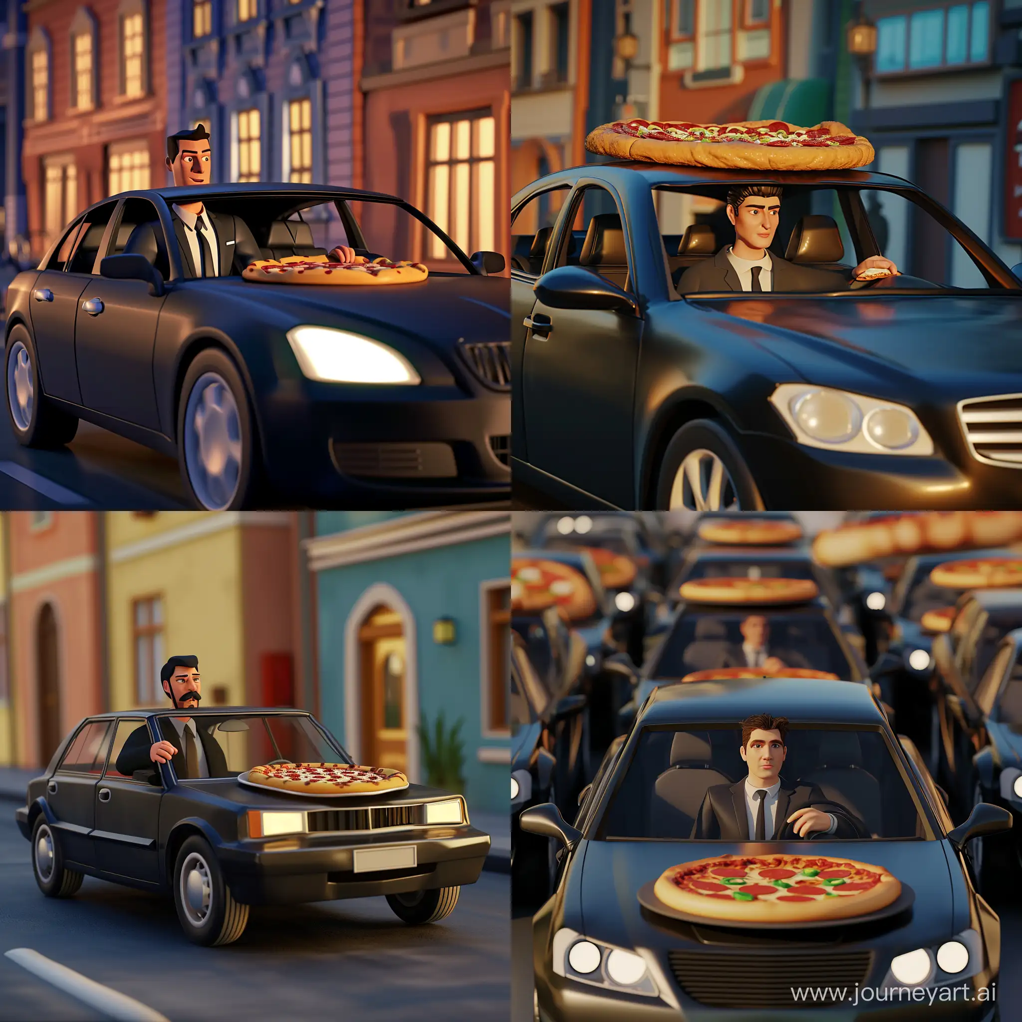A man in a business suit driving a black car delivering pizzas. 3D animation 