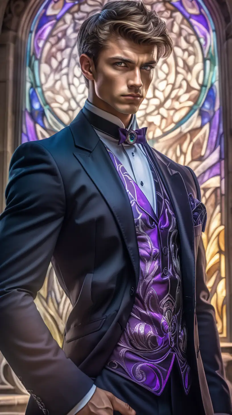 beautiful young male warrior, short brown hair, black suit, purple pupils, muscular, in the style of Alfons Mucha, with emphasis on light play and the transparency of the glass, High and short depth of field, Ray tracing, hyperdetailed, hyper realistic, epic portrait, in dynamics, rich, cinematic color grading, stunning, photorealistic, 8k, shot on Canon EOS-1D X Mark III, photorealistic painting, e video, photo taken of an epic intricate, The camera settings are carefully chosen to emphasize the soft light and the subject: an aperture of f/5. 6, ISO 200, and a shutter speed of 1/125 sec, cinematic 35mm --ar 51:91 --s1000