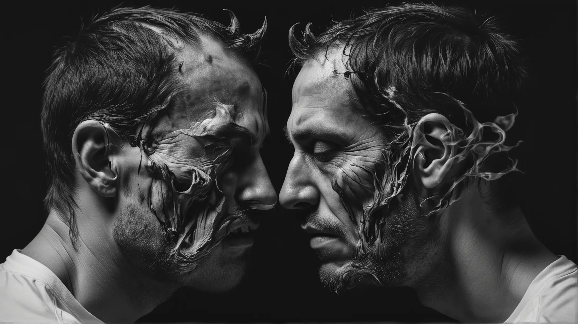 2 heads merging, pulling away at a man's face to the side, black and white, distorted, warped, surreal art photography, devil, demonic, charcoal, bipolar disorder, depressed, dark, sad, evil, lonely