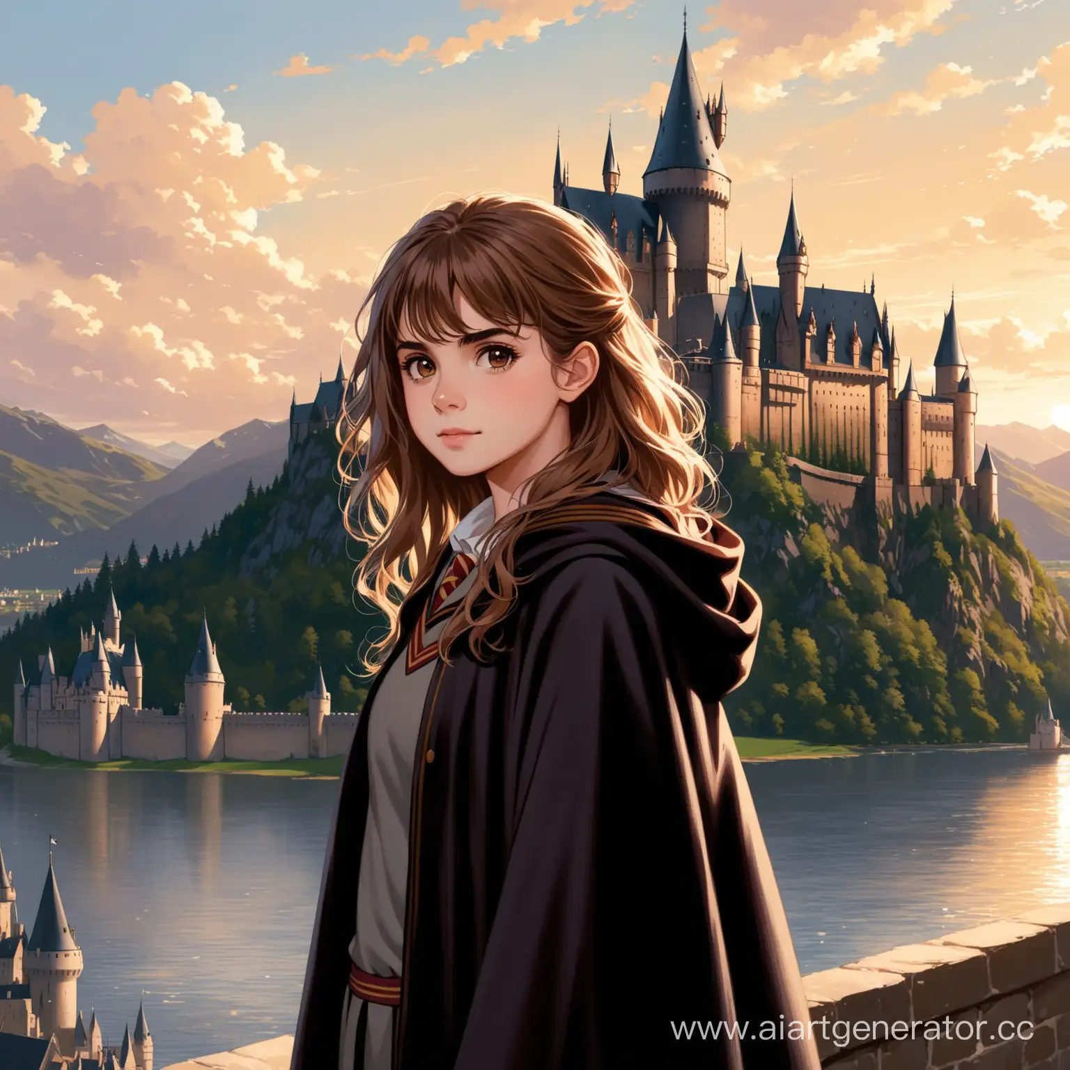 Hermione-Granger-Stands-Proudly-in-Front-of-Hogwarts-Castle