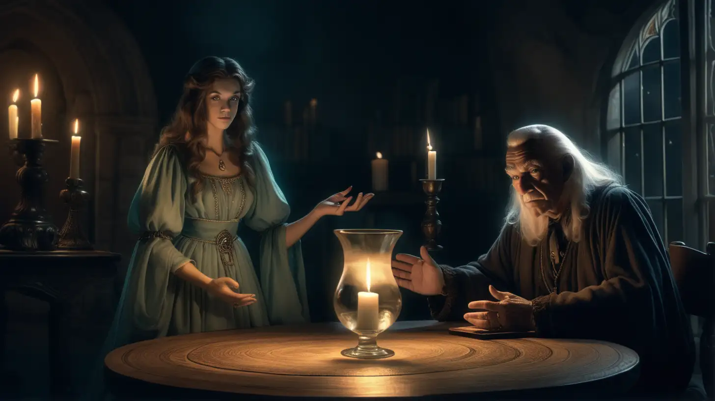 Biblical Witch Seated at Round Table with Ghostly Presence and Candlelight Ambiance