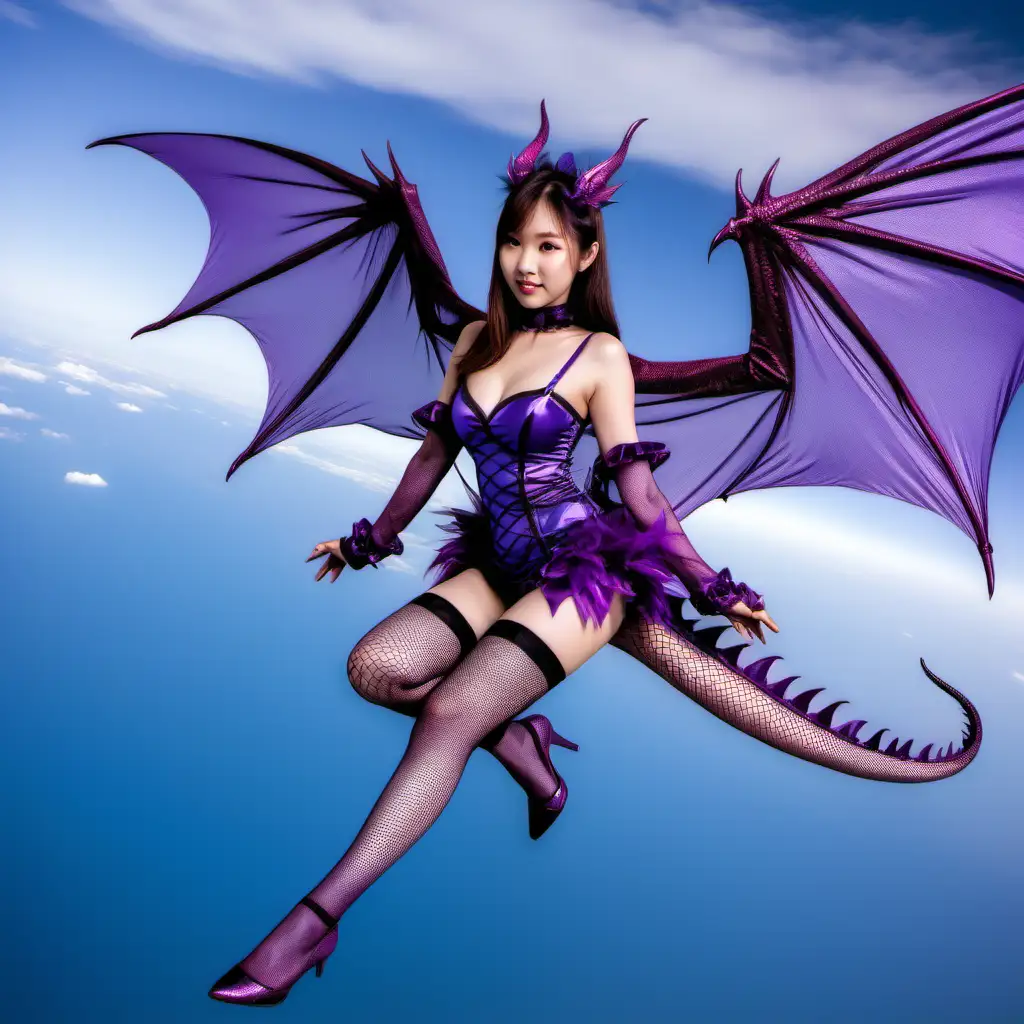 Stylish Asian Woman Soars with Majestic Purple Dragon Costume in Sunlit Sky