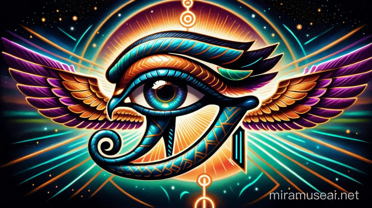 Crie uma ilustração que represente a conexão entre o Olho de Hórus e a glândula pineal, misturando elementos egípcios antigos com representações anatômicas modernas. Destaque o Olho de Hórus em destaque, com linhas brilhantes que fluem em direção à glândula pineal no cérebro humano. Use cores vibrantes e detalhes intrincados para transmitir a profundidade e a mística desses símbolos. Adicione hieróglifos egípcios ao redor da imagem para enfatizar sua natureza antiga e misteriosa.