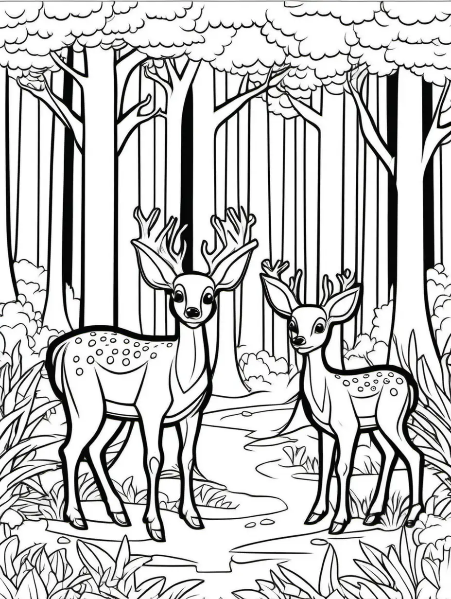 coloring pages for kids, two deer in the forest scene, cartoon style, no shading, thick line, low detail, aspect ration 9:11
