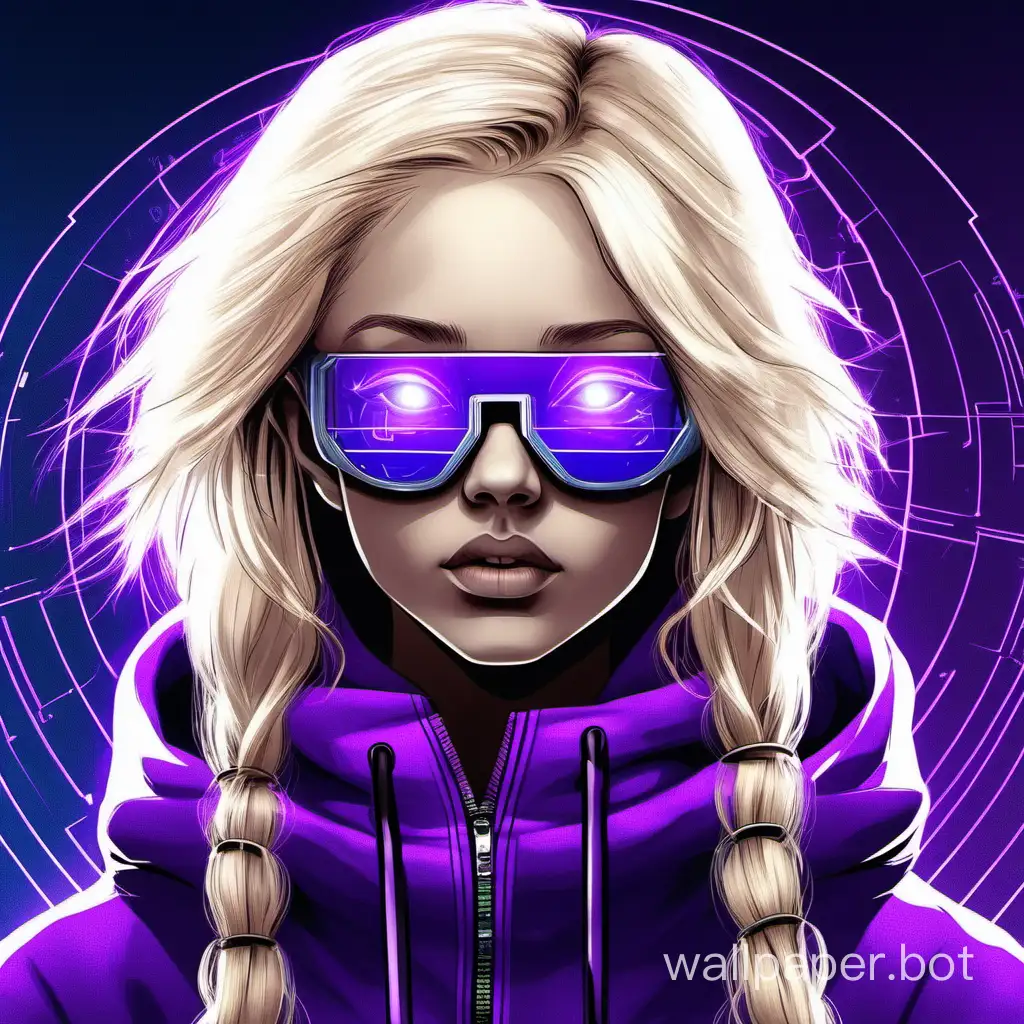 The girl with blonde hair, blue eyes in futuristic glasses and a purple hoodie