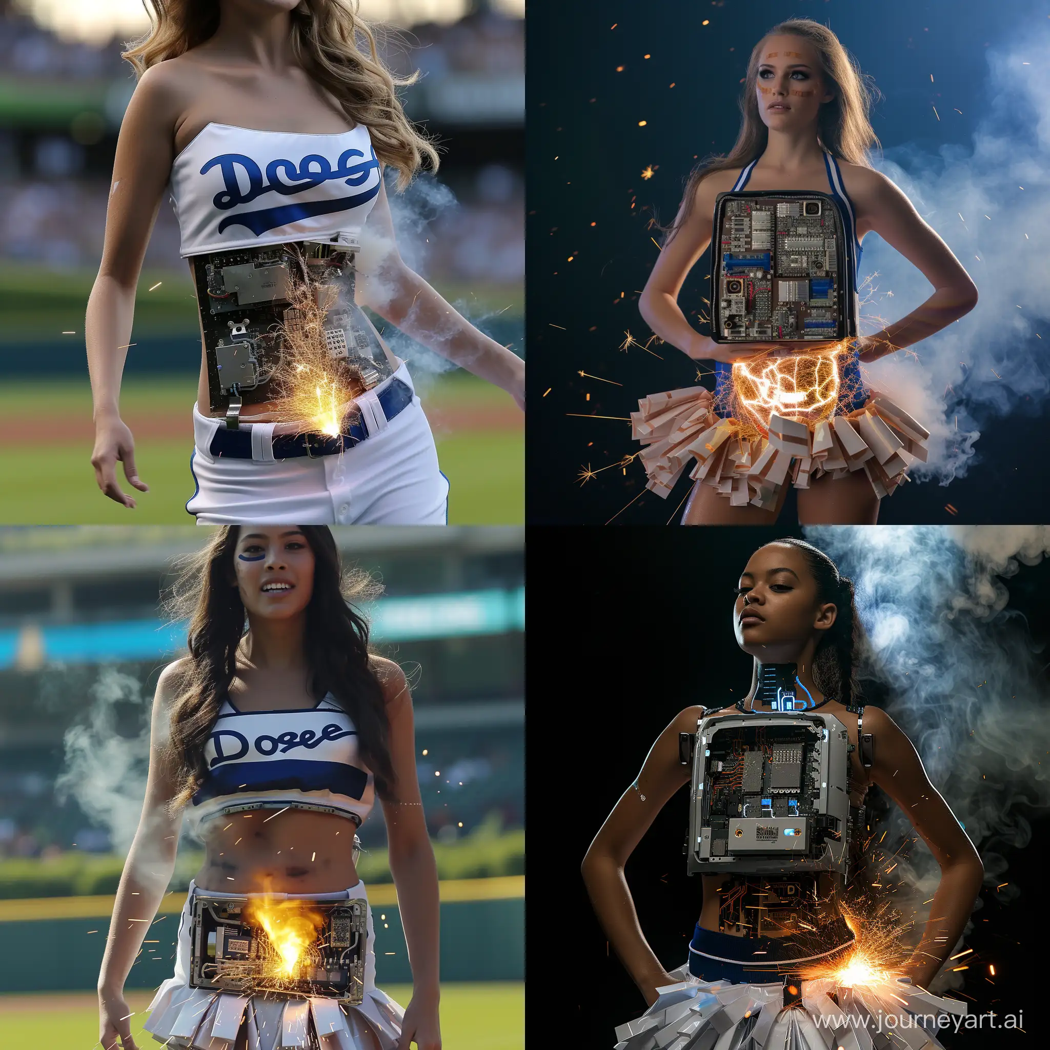 Los Angeles Dodgers 13-14 year old cheerleader, turns out to be a robot, malfunctioning, panel open on her stomach revealing inner circuits, smoke and sparks coming out of her, on the brink of shutting down