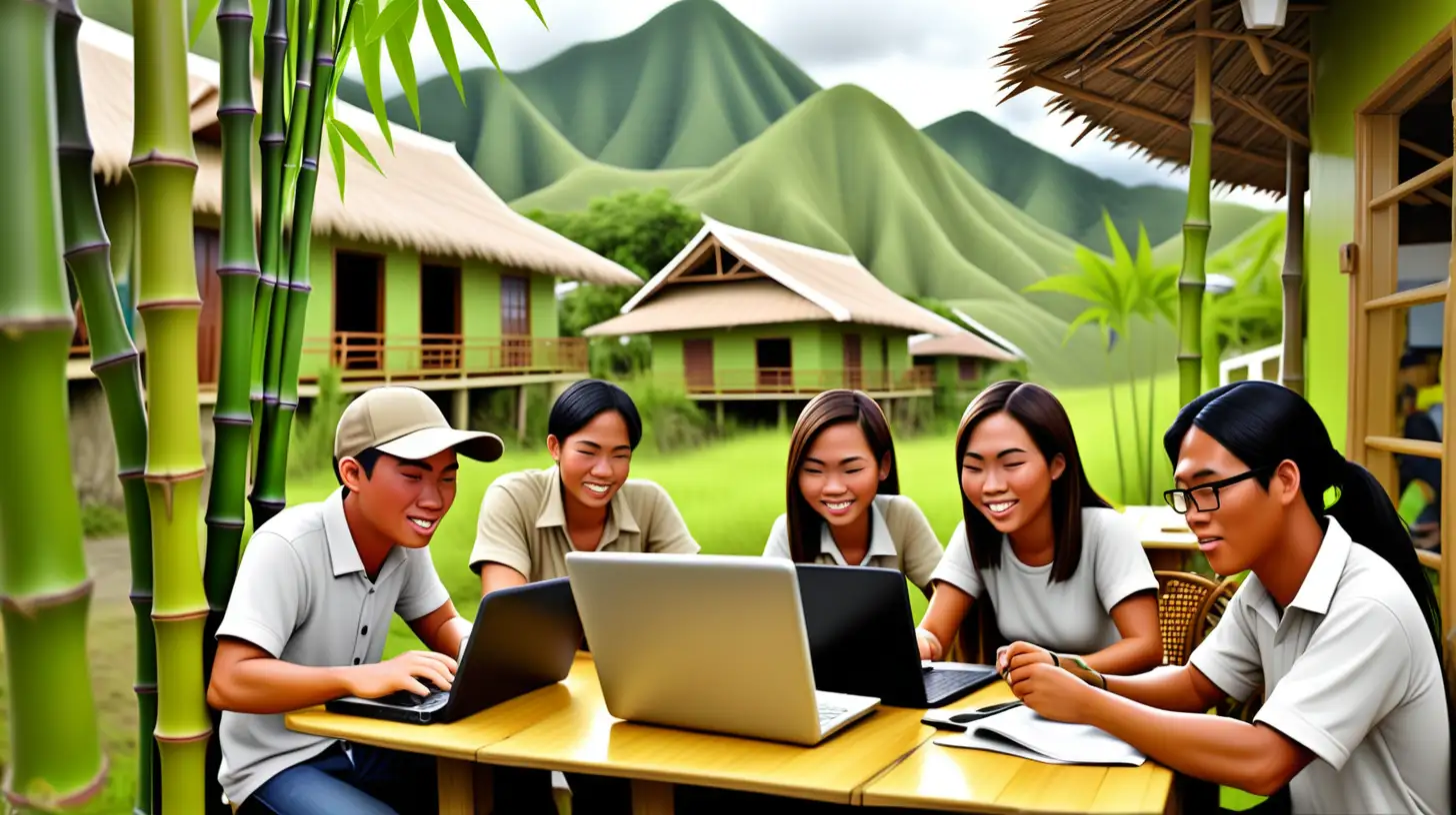 digitally empowered outdoor bpo professionals in remote rural green bamboo cafe philippine village