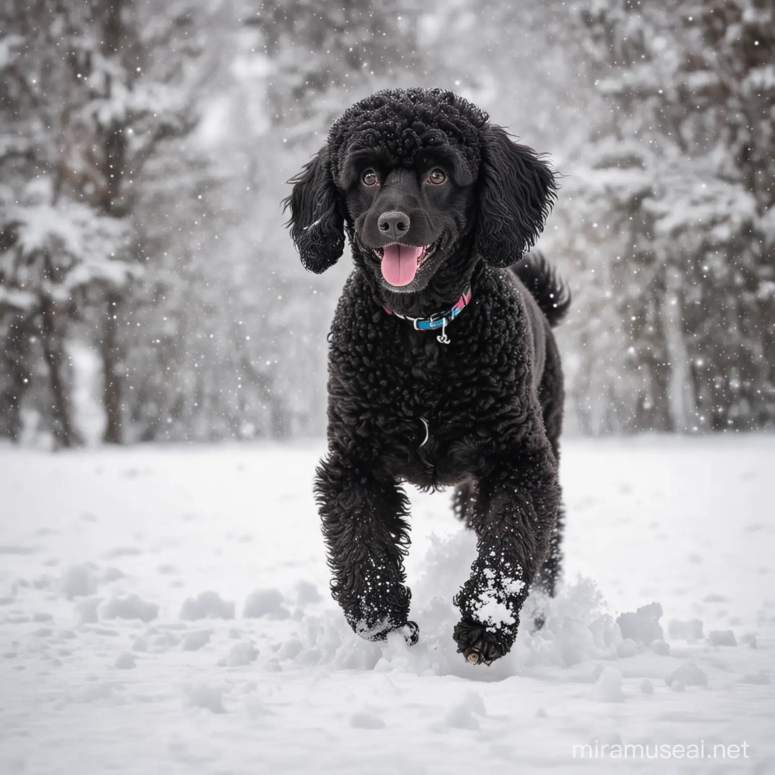 cute black poodle playing in the snow