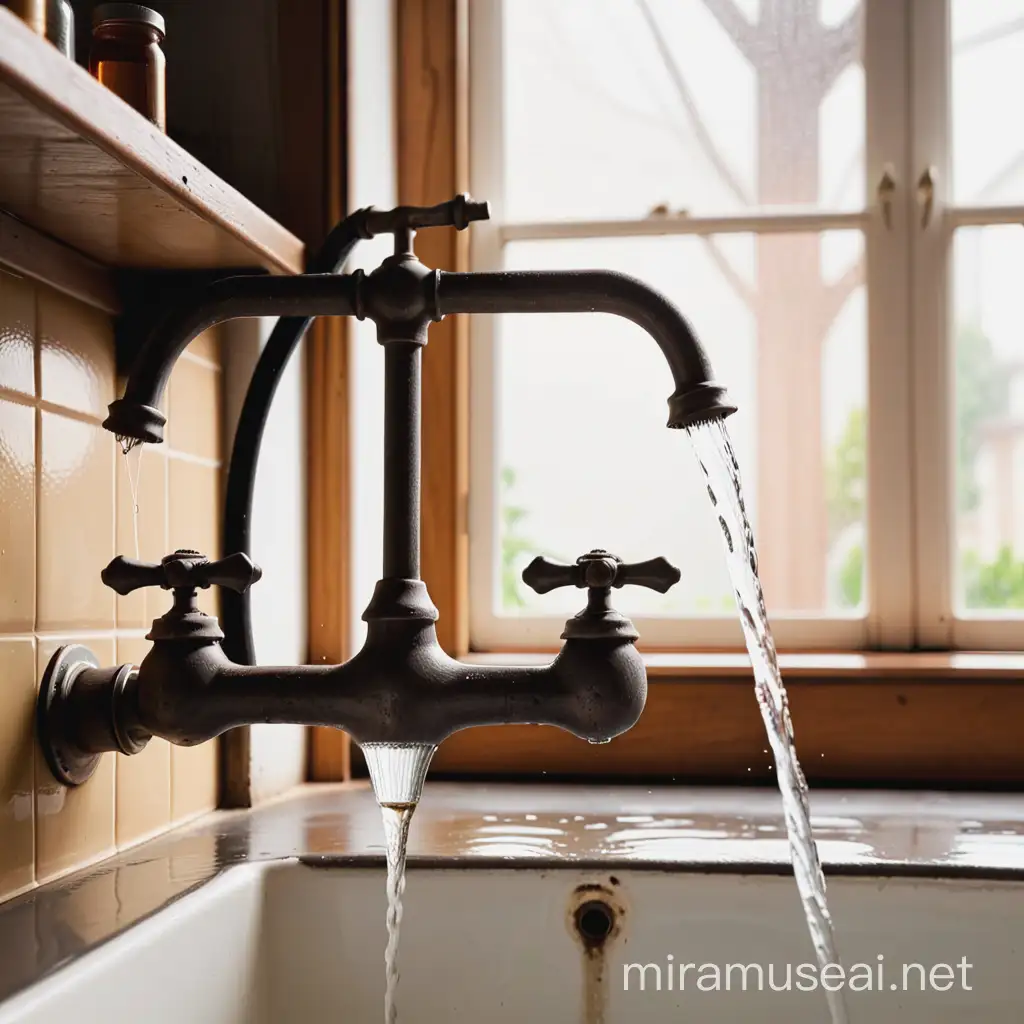 An old tap in an old kitchen with water running out of it