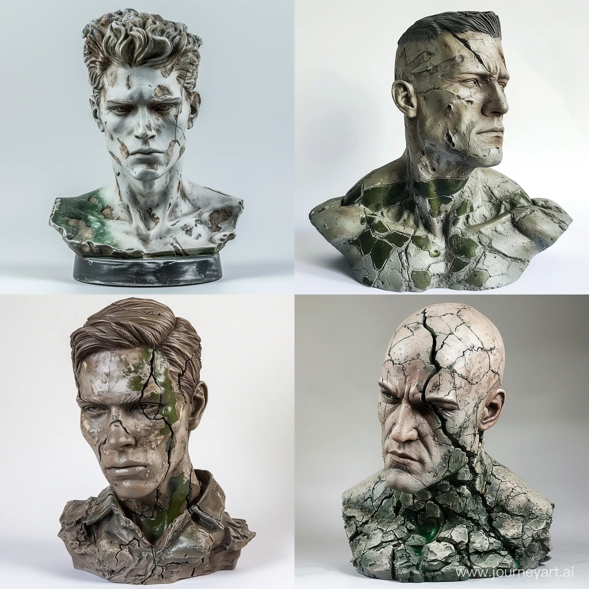 A Sculpture of Men, Bust Style, Blistered Texture, Hunter Green Splash, Headshot Pose, High Precision