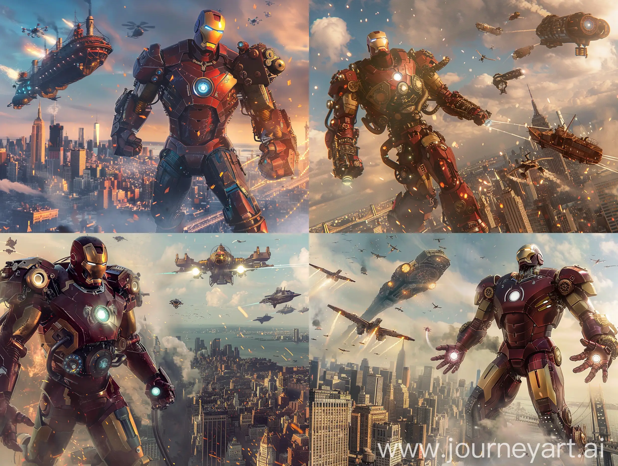 Iron man with a steampunk look, fighting an iron steam giant, steampunk New York city background, flying ships and steampunk in the sky, realistic, steam punk model, cinematic lighting, q2