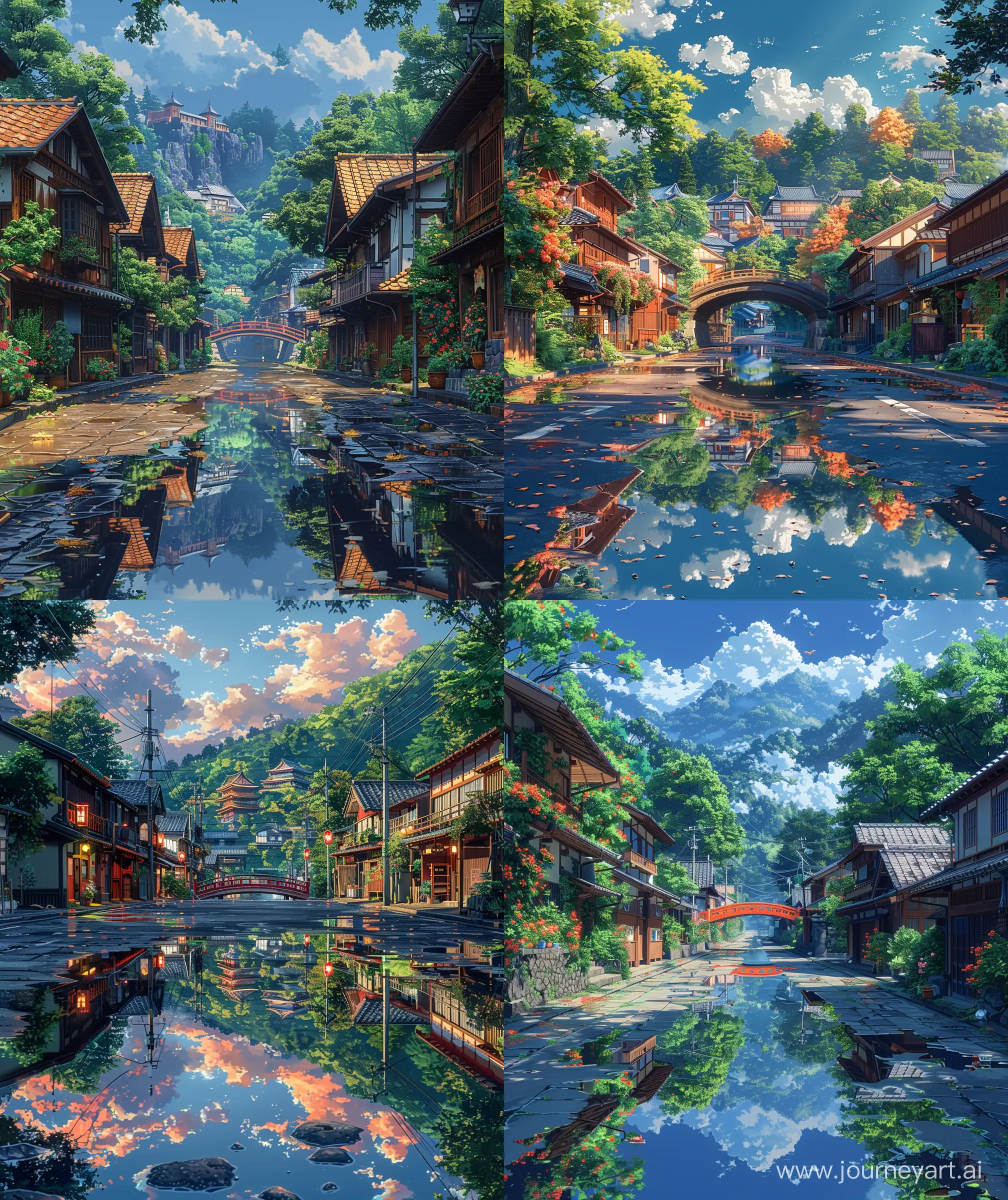 Beautiful anime scenary, Ghibli style,mokoto shinkay mix, view of beautiful town , bridge, photography style anime scenary, beautiful view, verious perspective, anime style, illustration, morning view, water puddle on street road, reflection on puddle, amazing details, ultra HD, high quality, sharp details, --ar 27:32 --s 1000