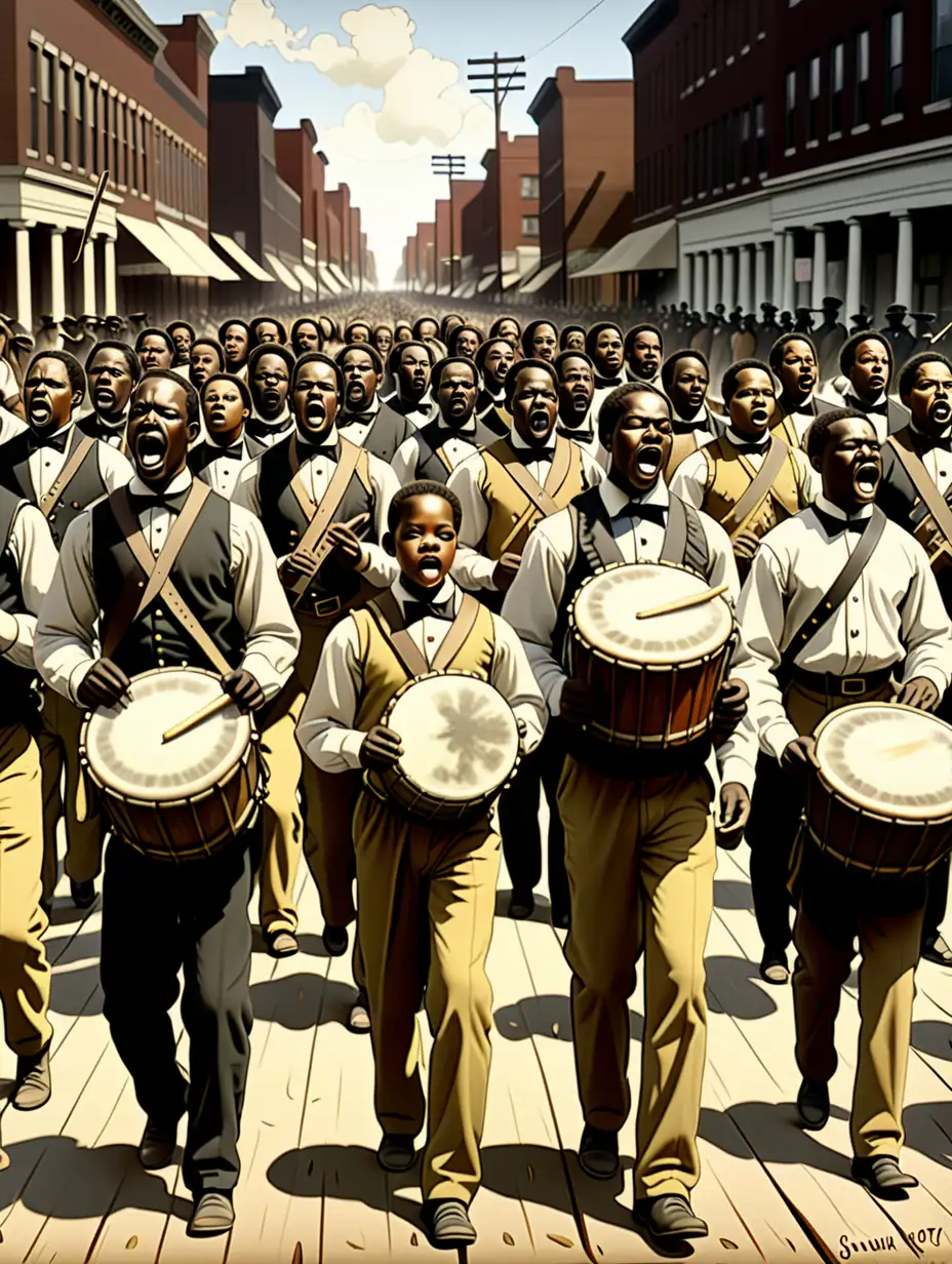 100 African-American men, women and children marching at the sound of drums, 1870
