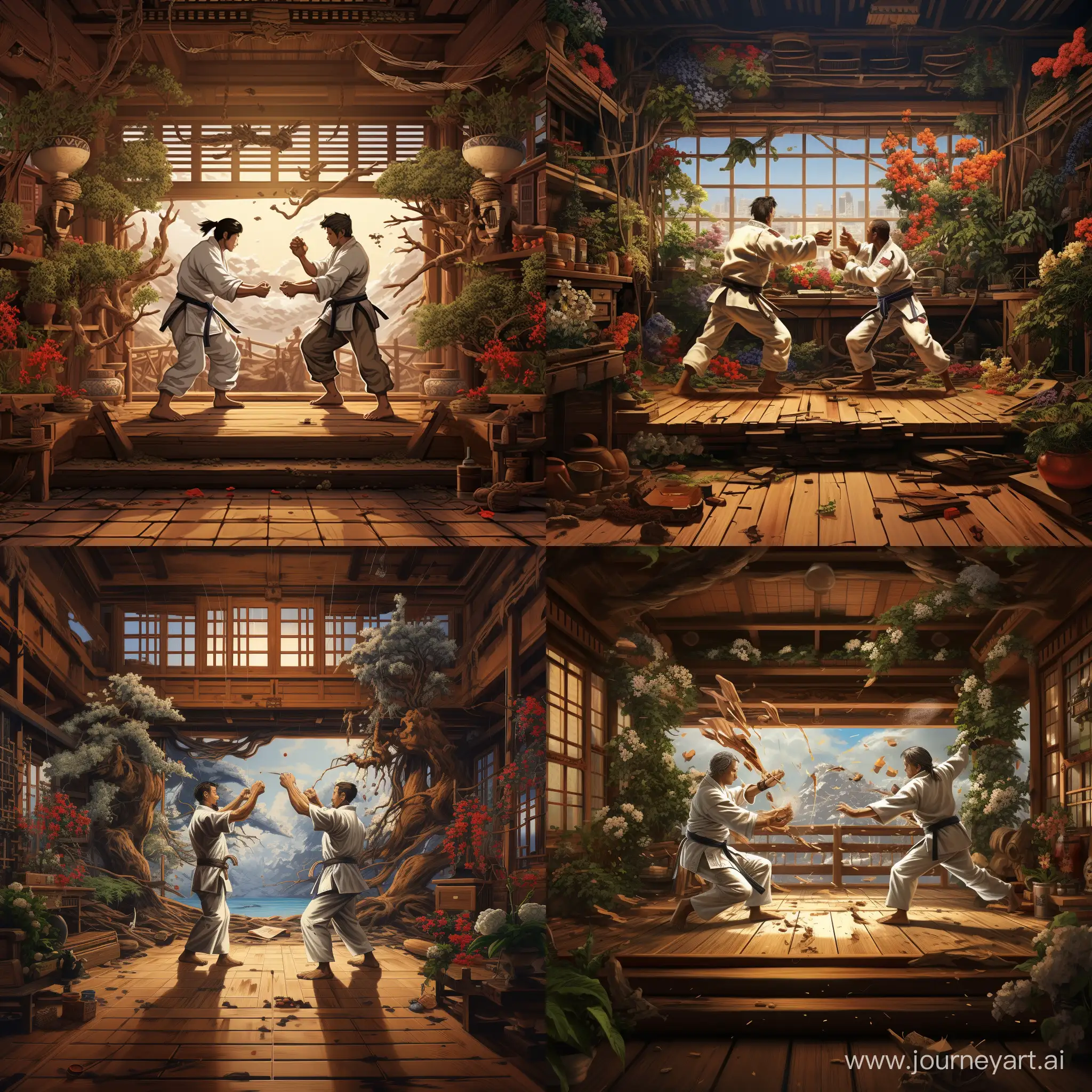 two karate fighters fighting in a Japanese-styled wooden room filled with bonsai plants and weapons