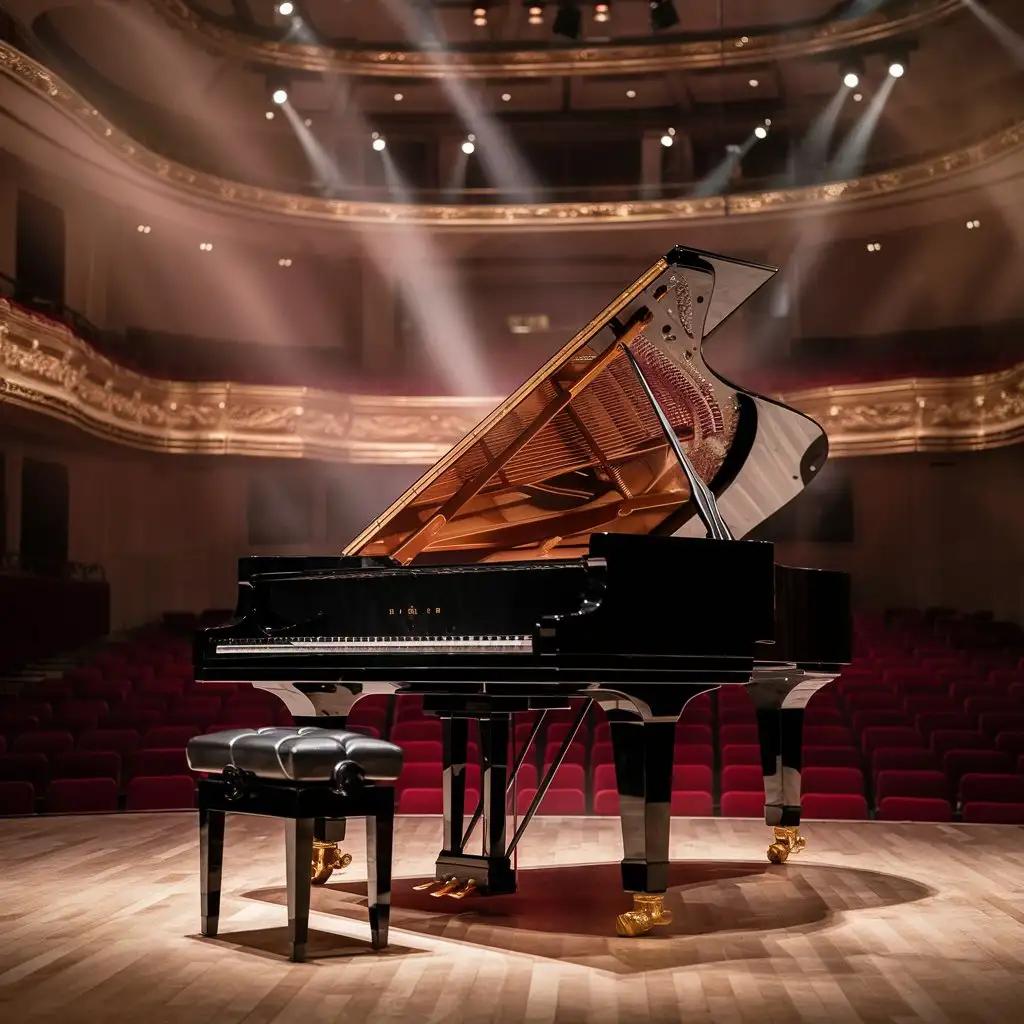 A grand piano in a concert hall bathed in soft lighting.