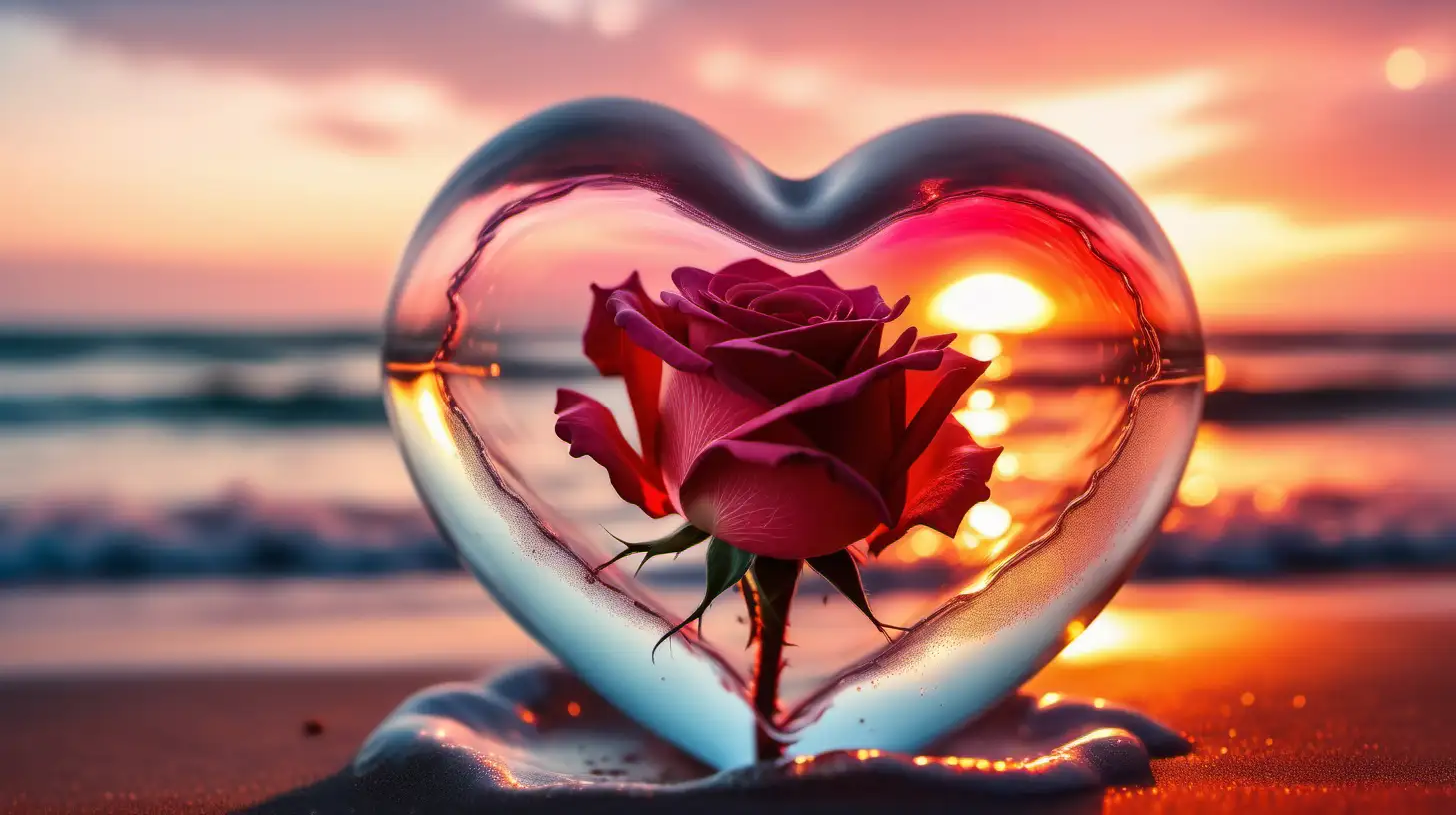 Romantic HeartShaped Rose Encased in Melting Glass Bubble with Beach Sunset  Background