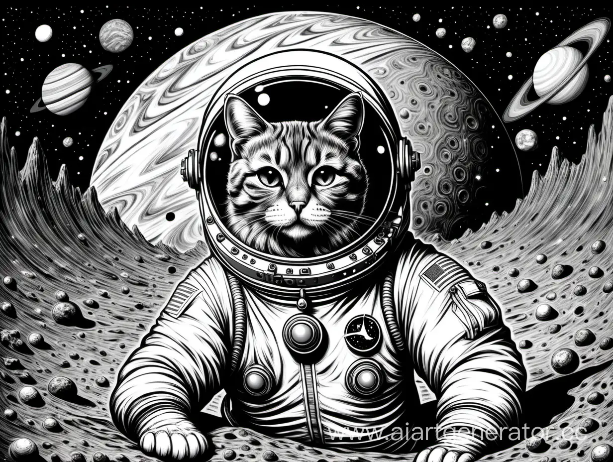 Кіт космонавт  на планеті Юпітер, розмальовка деталізовані антистрес чорно білі